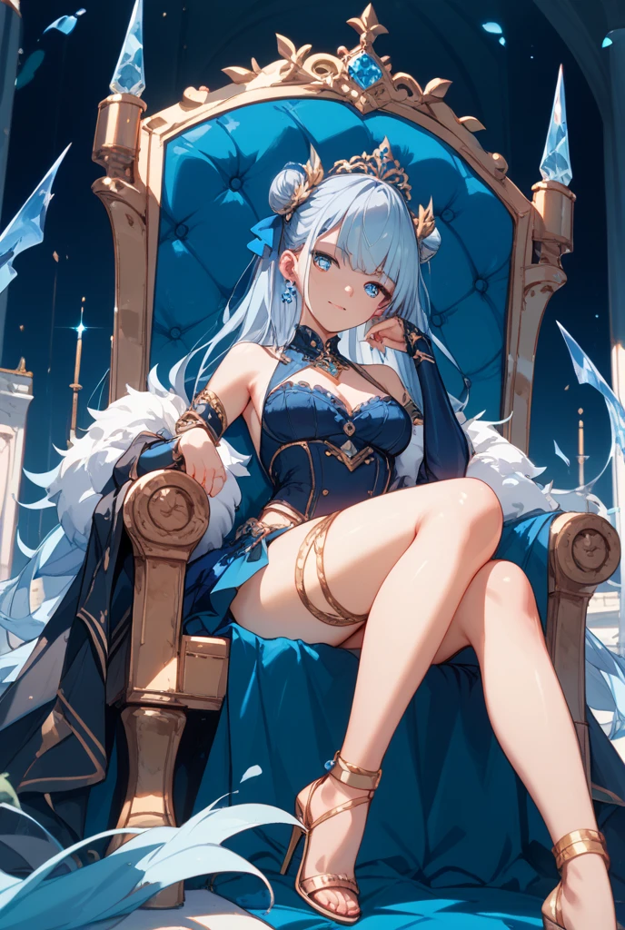 Fancy,1girl umi ryuuzaki una princesa de un reino mirando hacia la camara, vista frontal, sentada en un trono, piernas cruzadas, brazos apoyados en el trono