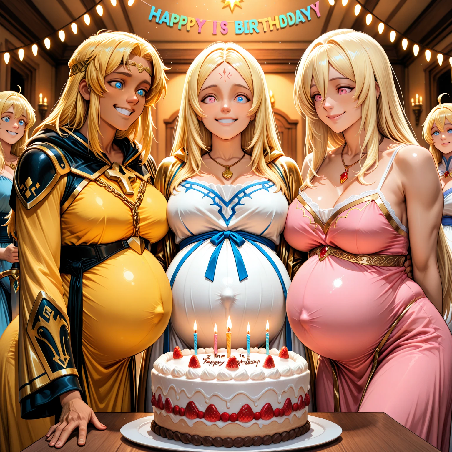 (Best Quality, 2k, Masterpiece, QHD: 1.3, A Handsome black barbarian man surrounded by three women up against him touching him, at a mansion, wearing Swimsuits that show off body,  perfect bodies, women: long flowing hair, flowers in hair, seductive, materials, golden hour, , jewelry, golden hour, photorealistic, masterpiece, in love, small grin, perfect faces, Flirtatious, sitting on large bed