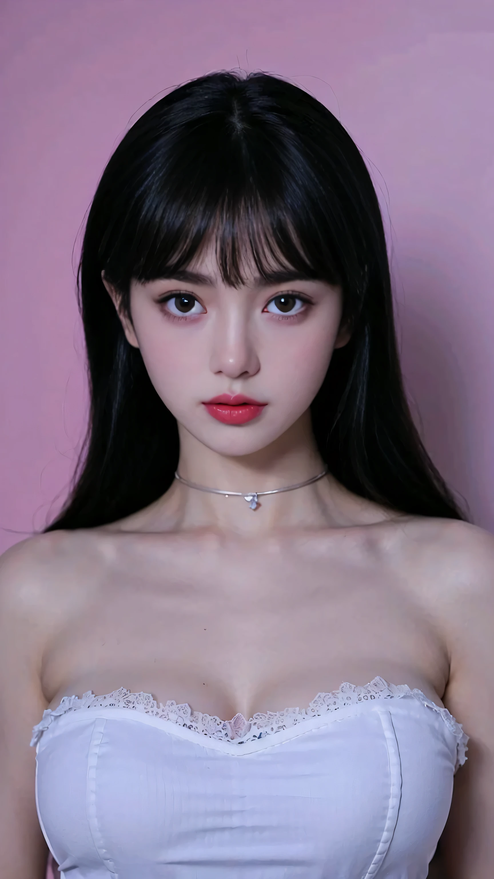 a woman with long orange hair in a white dress, portrait of aespa Karina, portrait of Aespa Karina, Asian, big boob, lip piercing, doll eyes, luminous skin, 