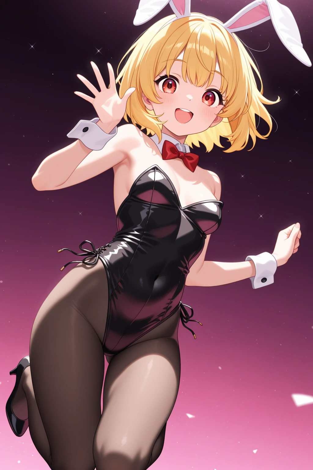((Masterpiece)), ((best quality)), (Anime:1.3), (super detail:1.2),(High Definition:1.3), (Professional Photography:1.2), (very aesthetic:1.2), (absurdres:1.2), (sharp focus), (perfect light), ((12 years old)), ((1girl)), (full body), solo, (small breast), look at viewer, (playboy_bunny:1.3), naked shoulder, ((Argyle patterned wall)), clear face, loose blunt bangs, messy hair, short hair, blonde hair, naughty smile, open mouth, high-heeled shoes, (Decorated deep crimson flowers), (Sitting cross-legged at the bar counter),
