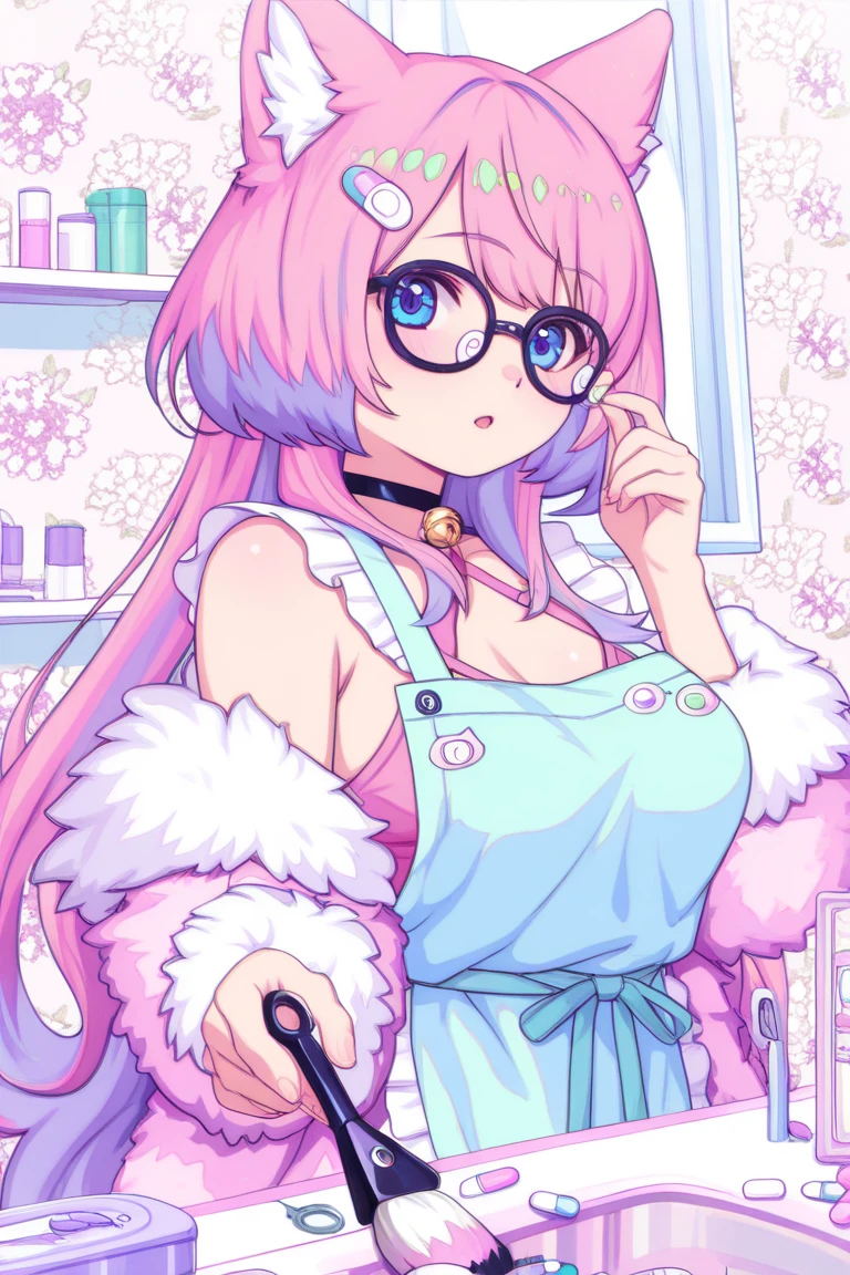 IMVU, pink hair, pink heart eyes, white round glasses, pale skin, white and pink cow ears, white horns with pink bows, fuzzy white jacket with pink spots, pink cowbell choker, kawaii, soft, high quality, masterpiece, 8k