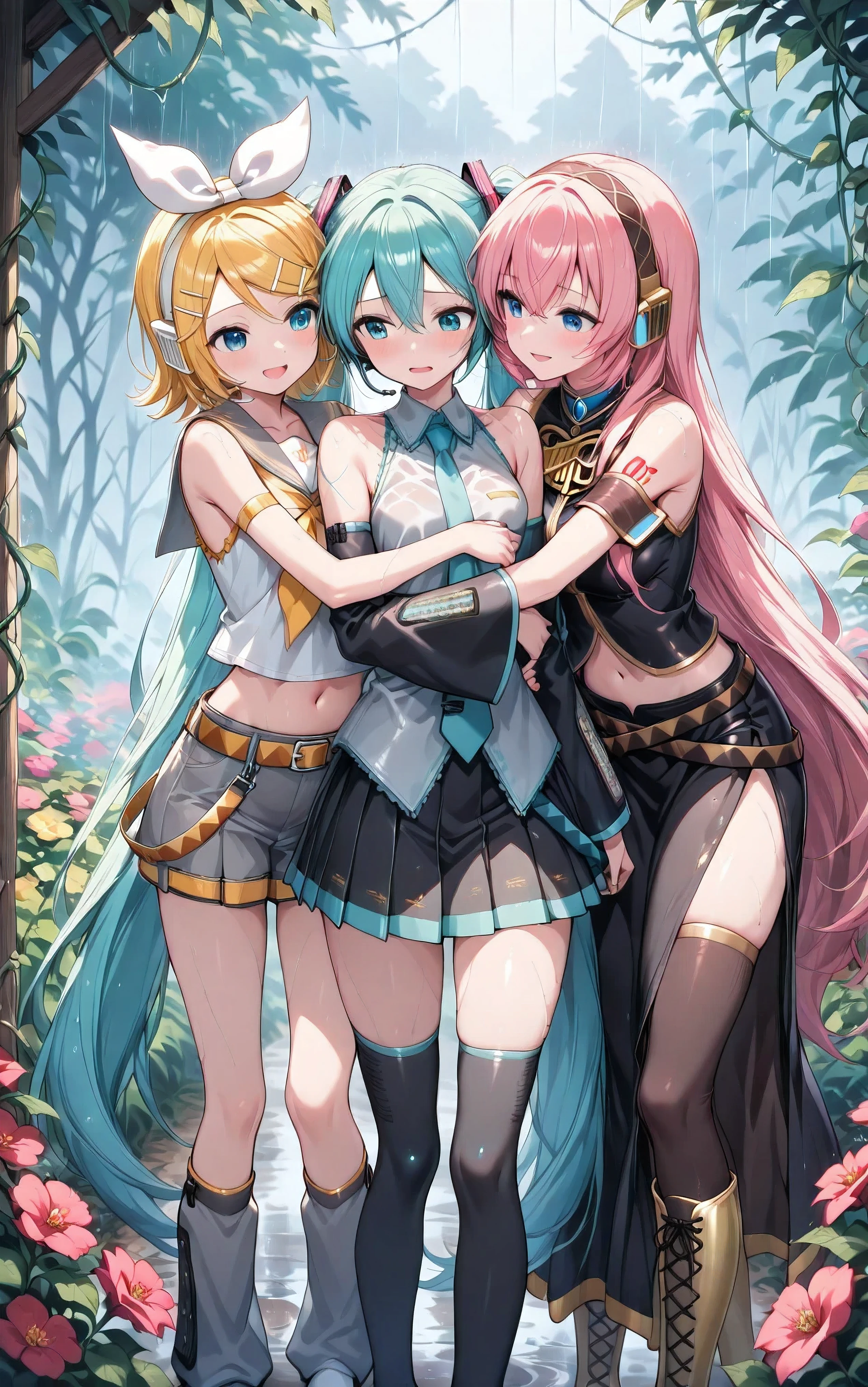 ((is a masterpiece.)), is the best quality, (high brightness,low gamma,calm colors), Very awa, CG HD 8k background,
((multiple girls,3 girls,Yuri,A hug from the back)),
( Hatsune Miko ,Vocaloid,Grey shirt, are dead ,shoelace,black skirt,Drop skirt ,Separate sleeves,Black sleeves ,Wide sleeves,gray heater leg,bare shoulders,blue hair,has very long hair, twin tails , hair decoration ,The hair between the eyes glows in the dark,one side strand, thigh shoes ,Black Pantysocks),
(Kagamene Wren,Vocaloid, white shirt , are dead ,shoelace,gray,Drop skirt ,Separate sleeves,gray sleeves,Wide sleeves,wearing black shoes, yellow scarf ,belt,umbilical,at home,poetry, white headphones,hair ribbon,white bow,multiple hairpins, hair decoration ,broomstick hair,wearing white shoes,gray sailor blouse),
(how many separate,Vocaloid,black dress, are dead ,shoelace,black skirt,side opening,water tie,How many gold,Unit rider,belts,umbilical,pink hair,has very long hair,black headphones,wearing gold shoes,Cross bangs,wearing white shoes,Knee boots,cross-shoelaced footwear),
((( open eyes , A smile ))), (open mouth), Embarrassing,
(((rain,هطول الrain))), (( Wet hair ,Wet skin ,wet clothes)), A هطول الrain drenching hair and skin, A drop of water, outdoor, (((garden,Zahra ,Vines))), (cinematic lighting,Bouquet ),