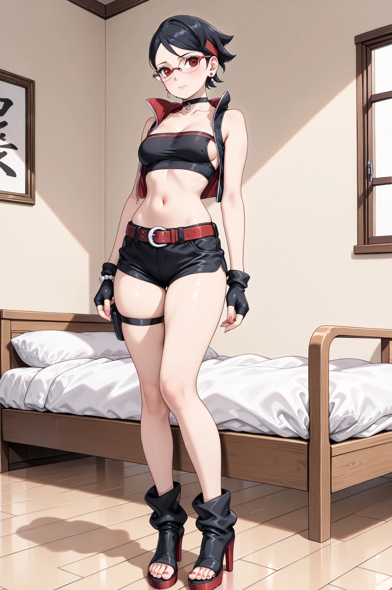 Female funger lying in bed, full body, standing, straight, symmetrical, looking at the viewer, very detailed illustration, 1solitaria, big breasts, high resolution, high quality, Masterpiece, looking at the viewer (female knight) orange long hair, absurdities, ultra detailed, (8k, Best Quality, Masterpiece:1.2) (realist, fotorrealista:1.37) (whole body) legs apart (wide stance) standing in front, ultra detailed, 1 girl,beautiful, alone (feminine works) (big breasts:1.5) (Beautiful detailed eyes) (SMILE:1.2) (Closed mouth), sharp focus, depth of field, Good composition, very long straight hair, hair explosion ((Orange_eyes)) intricate, bokeh (Tetsuya Nomura style) perfect breasts, White tank top, black thong, suspenders, gloves, socks, Toned body, athletic, Wide hips, thin waist, toned arms, exposed abdomen