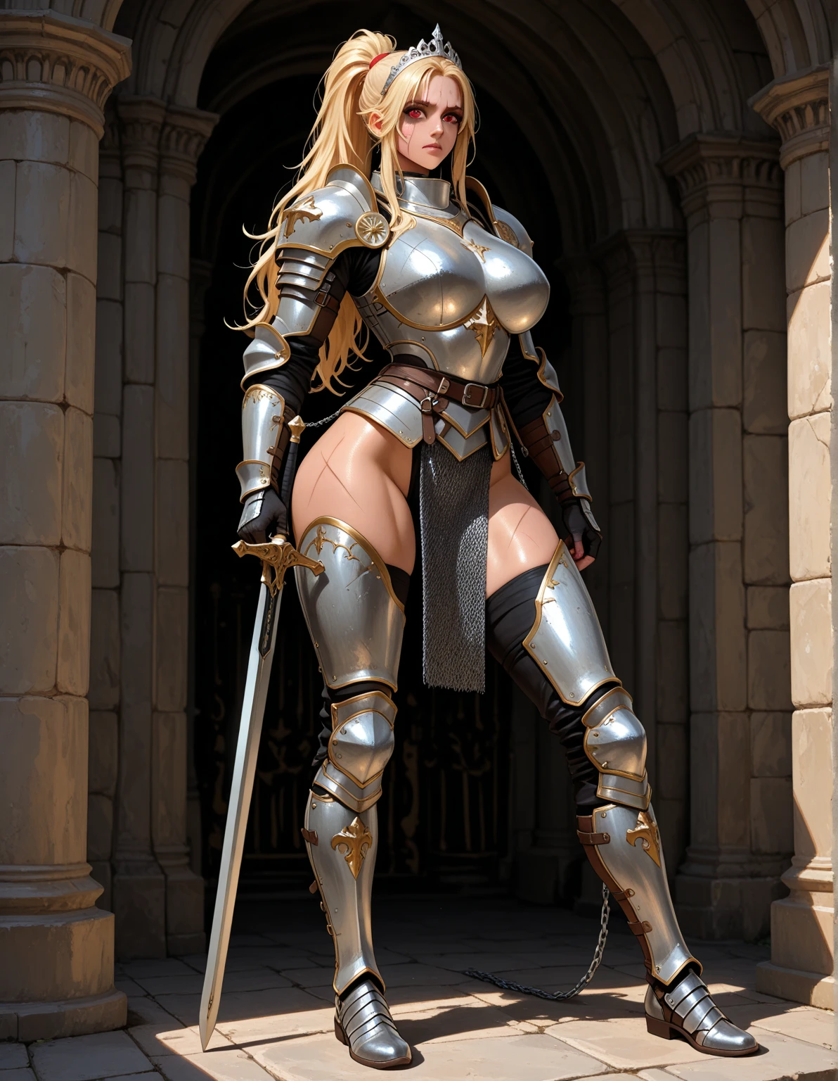 Blonde woman with huge breasts,Queen,Knight armor,Bare Legs,iron boots,Standing,castle