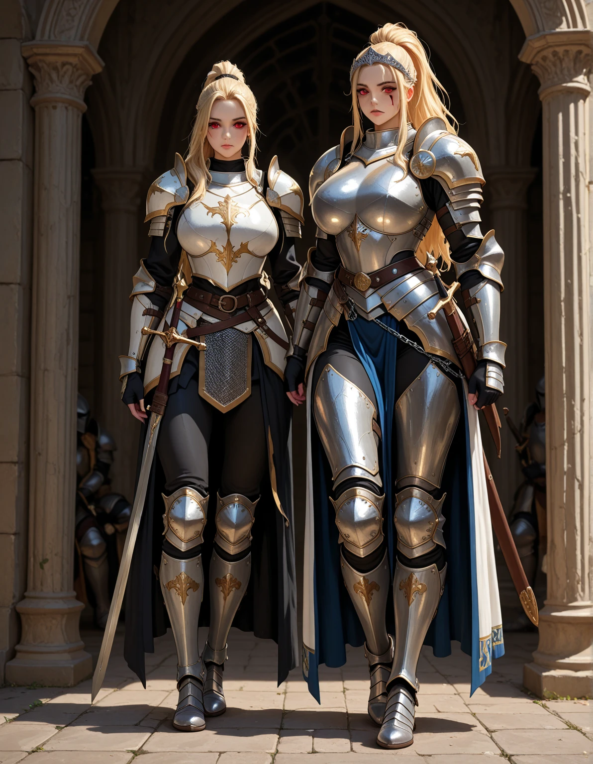 two german womans, catholics, black hair and blonde perfect face, detailed face, warriors roman, using sexy armor , soft lesbians, full body