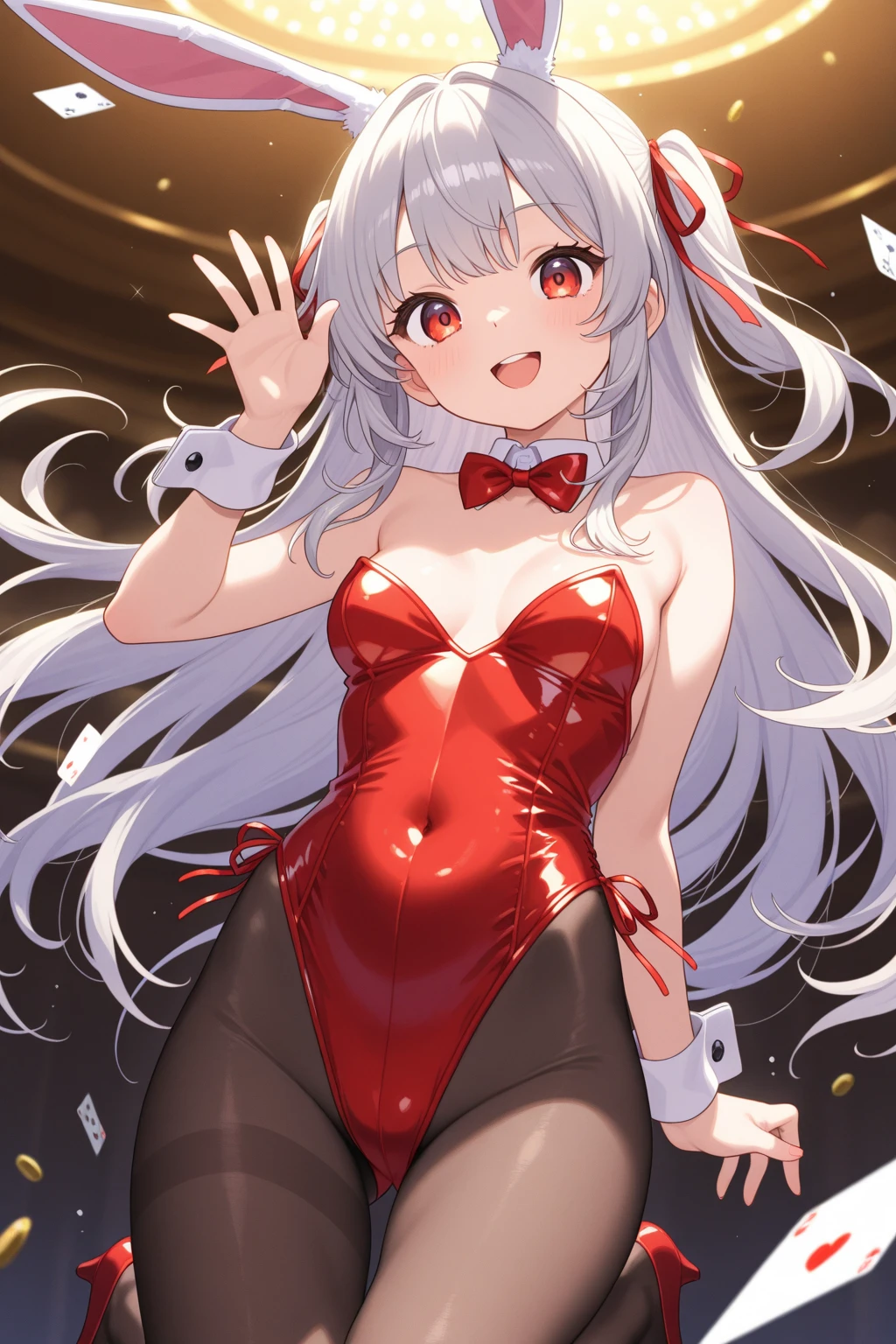 1girl, evil neuro-sama, (yuzu modoki), red eyes, light brown hair, ahoge, two side up, hair ribbon, dark red ribbon, heart hair ornament, asymmetrical legwear, black thighhighs, black kneehighs, (masterpiece, best quality), highly detailed, finely detailed, simple background, playboy bunny, rabbit ears, rabbit tail, detached collar, bowtie, wrist cuffs, leotard, cowboy shot, looking at viewer, heart hands, on table, indoors, evil smile, bokeh, wet, depth of field, blurry background,