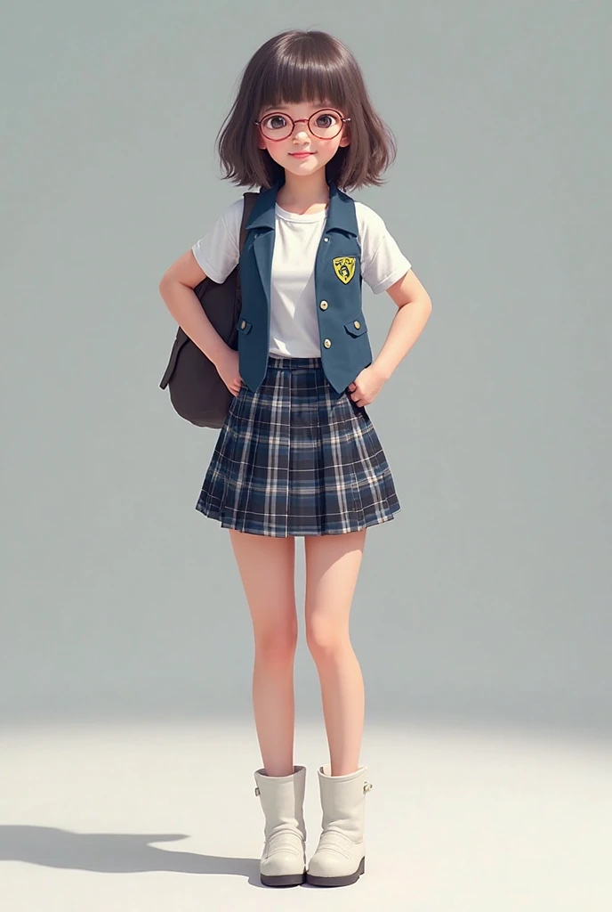 Girl in blazer skirt and sneakers sitting on a tiny soccer ball