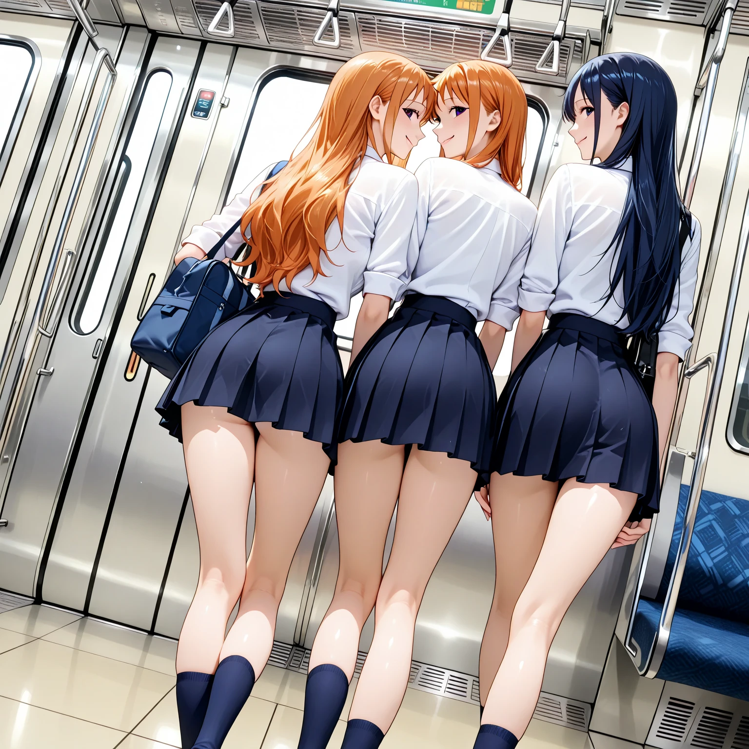 View from below, from behind, low angles:1.4, station, (train station stairs), 4girls, (back of head:1.4), (school uniform), (blazers), (pleated skirts), (high socks), (loafers), ((Perfect erotic panties)), (thong:1.2), ((Showing panties)), beautiful thigh, Large crowds, Walking, masterpiece, best quality, highly detailed, End of summer, after school, White T-back, ass