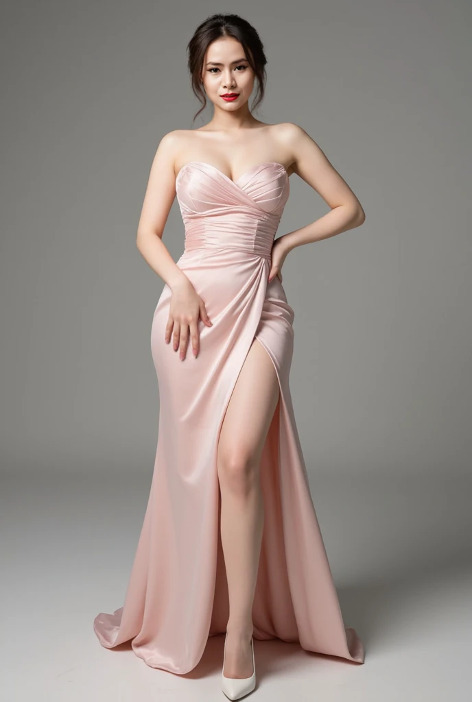 A woman in a pink dress poses in a room with a chandelier, sexy gown, wearing evening gown, with a thin waist, Dressed in elegant dresses, kaftan, robed, wearing a pink dress, opened dress, wearing a pink ballroom gown, fantasy long intricate gown, wearing pink floral gown, wearing long gown, half-turned lady in evening gown