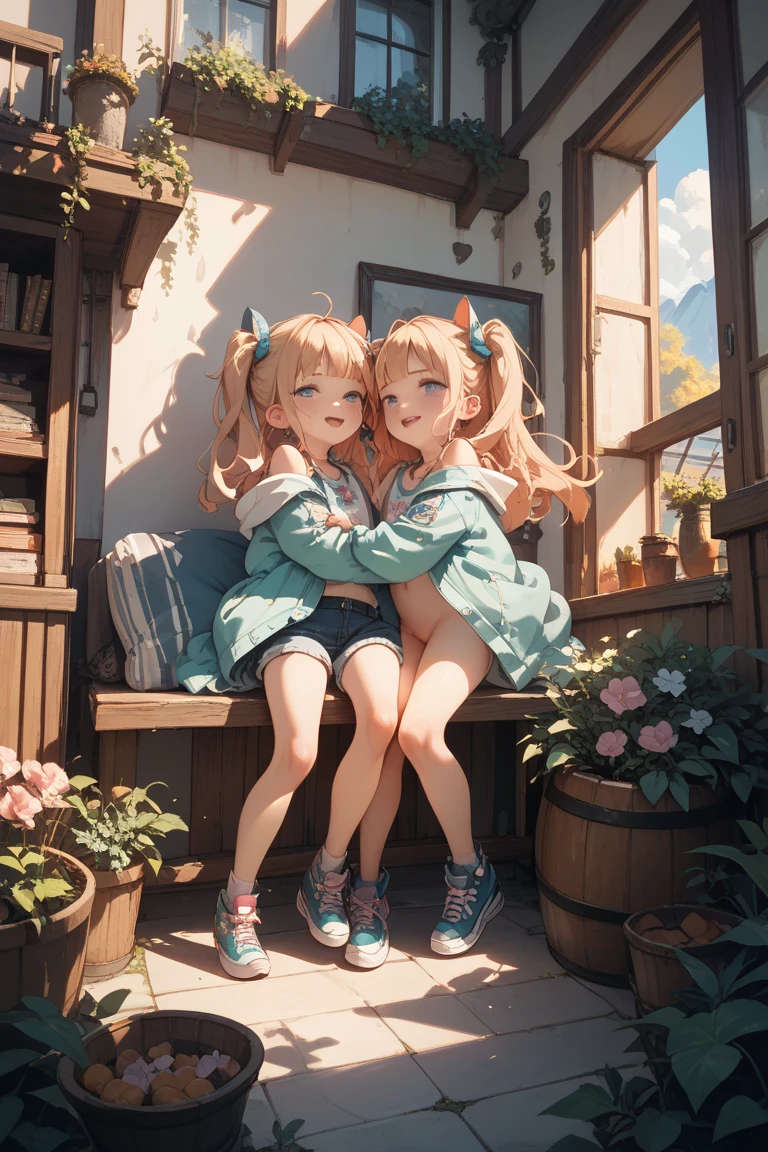 Need,tmasterpiece,Loli,Two people,whaite hair,Golden eyes,Manteau blanc,Look up,full bodyesbian,Hairline,White skin of the,SideBraid,ear studs,White panties fall off from below the knee,Half of the chest is exposed,Little blonde girl sitting side by side on the floor,Open your legs to reveal your panties, Realistic anime little girl rendering, render of a cute 3d anime girl, Anime,Wear a low cut,Miniskirt,Blue and white striped socks,carrying red school bags,saliva
