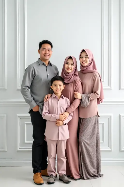 family photo, there are 4 people in the photo, consisting of a father, a Muslim mother wearing a hijab, a 10 year old girl wearing a hijab, and a 6 year old boy.
