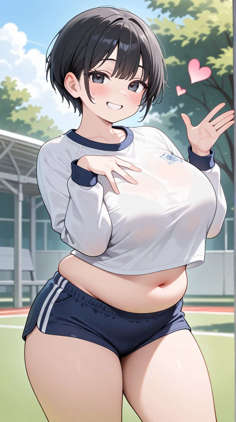 1girl, ultra high res,, hand on tummy, gym shorts, white shirt, detailed face