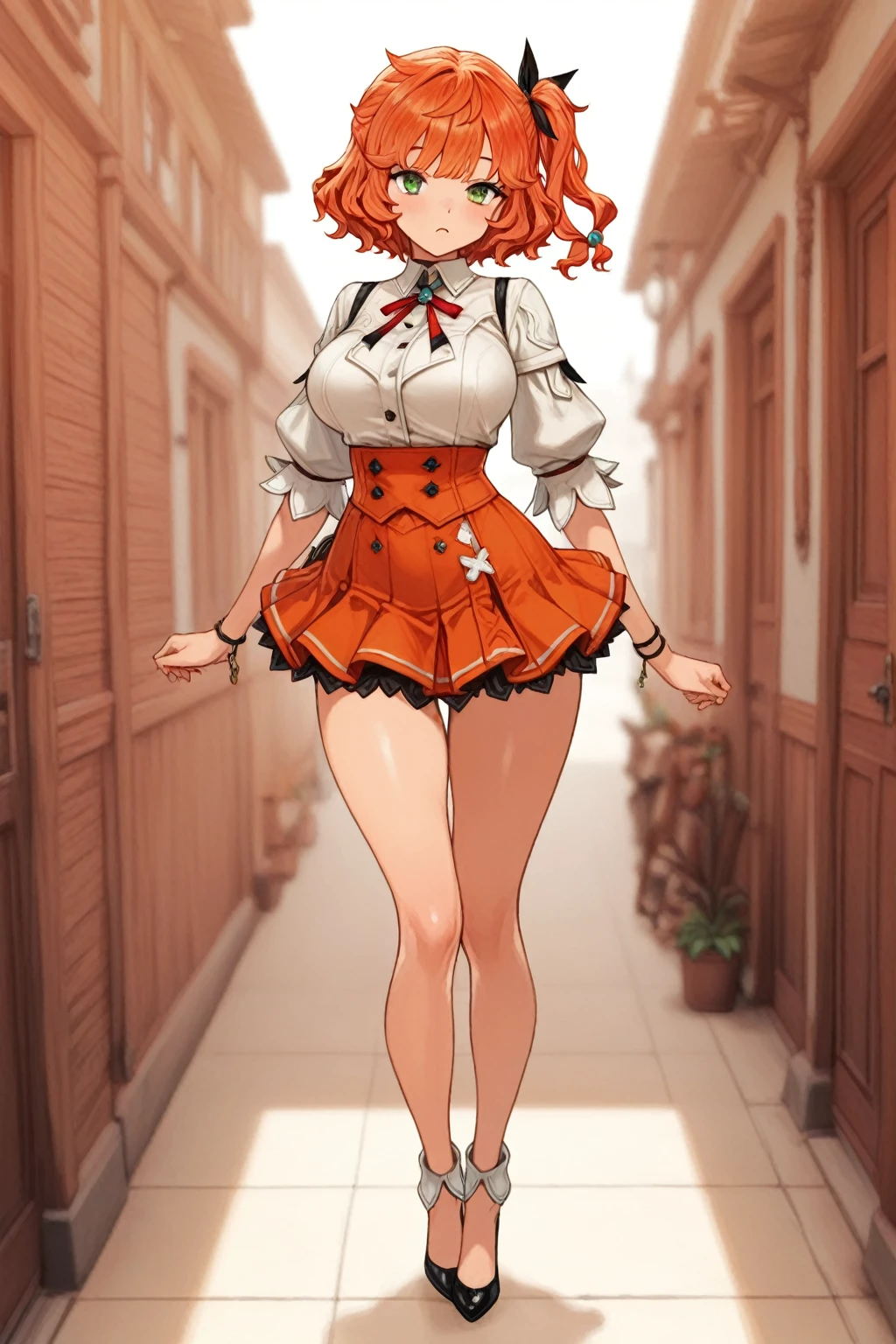 image is a large anime girl wearing a very short skirt and top, 1girl, breasts, solo, panties, underwear, looking at viewer, black panties, large breasts, skirt, cleavage, bow, thighs, clothes lift, red eyes, red hair, red skirt, bangs, skirt lift, ass visible through thighs, long sleeves, bowtie, lifted by self, red bow