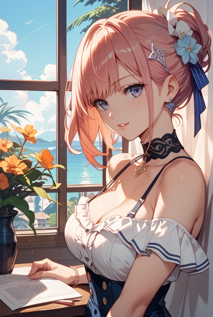 ultra-detailed, (highest quality, 8K, masterpiece, HDR, super detailed:1.2), Lens flare, alone, cute eyes, sparkling eyes, green eyes, dark pink hair, short hair, wavy hair, French Braid:1.2, a red ribbon in her hair, floating hair, smile, green princess dress, cleavage, earrings, bracelet, jewelry, bright shine, Happy, whole body, elegant,
