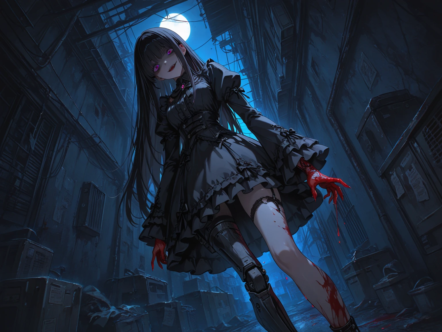 reelhorror, 1girl, humanoid, dismembered body, multiple arms, open mouth, thorns, looking at viewer, long hair, lie, blood, monster, wound, blood on face, realistic, death, corpse, messy, interior, garbage, scene pov, pov, horror