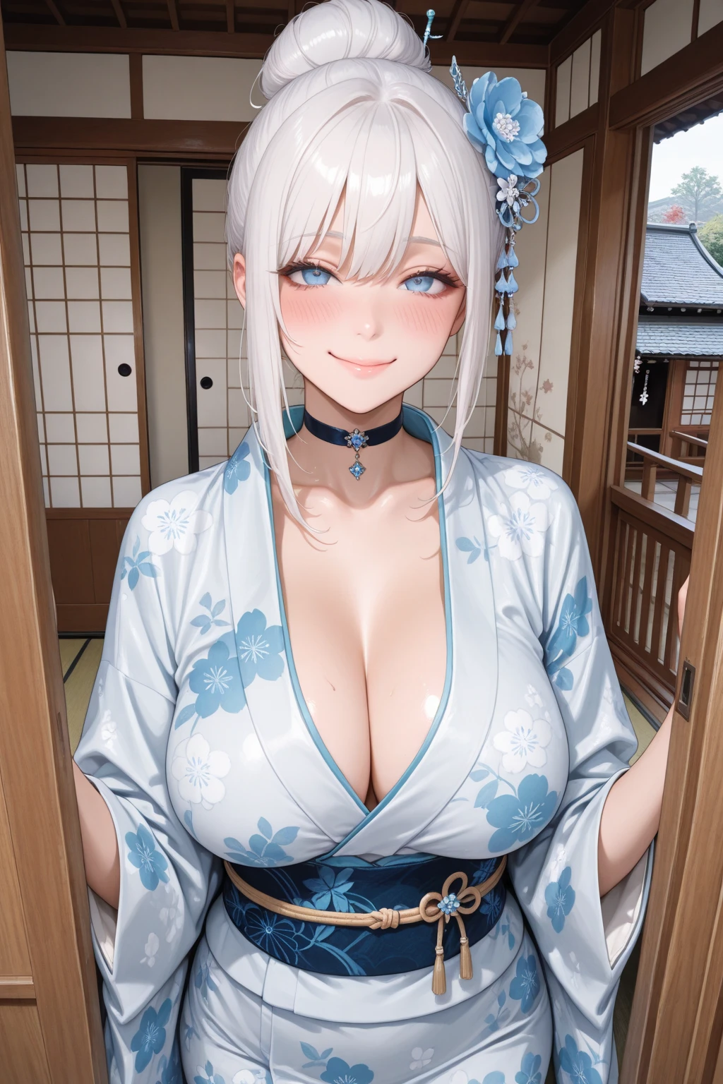 (((masterpiece, best quality))), (((superior quality))), cute girl, ((extremely detailed girl)), ((huge breasts)), (yukata), (bare shoulders), strapless top, long silver hair, happy