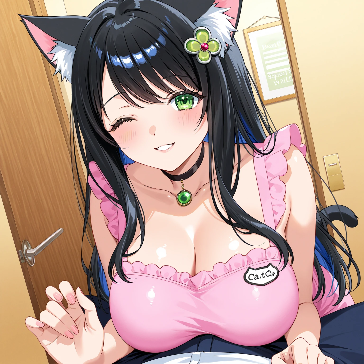 breasts, 1girl, rating:safe, blush, animal_ears, large_breasts, solo, long_hair, green_shirt, cleavage, purple_eyes, green_dress, cat_ears, white_hair, upper_body, smile, striped, looking_at_viewer, shirt, collarbone, breast_rest