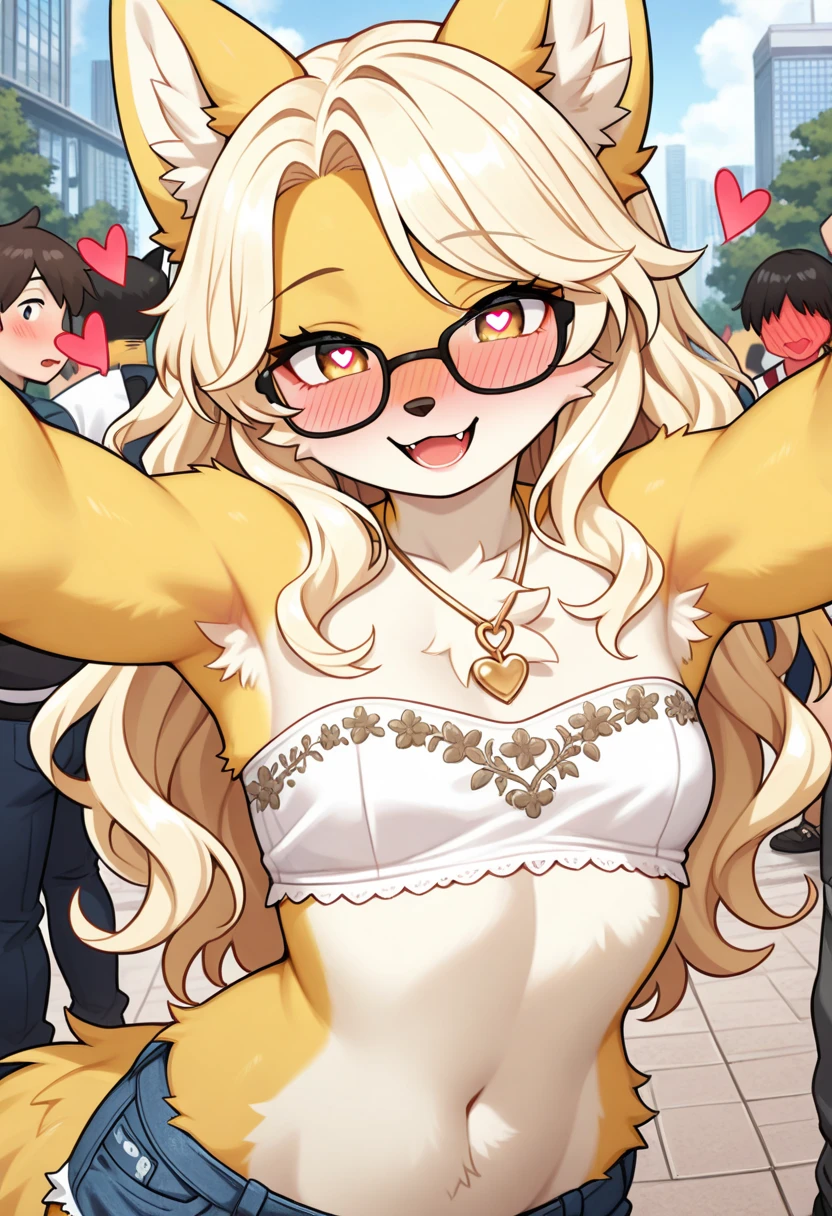 best quality,best resolution,(fluffy anthro furry :1.6),light yellow fox girl,small breasts,light yellow hair,long hair,wavy hair,light yellow fur,glasses,heart necklaces,white strapless with flower embroidery,Bottomless,beautiful public park,among the crowd,looking at viewer,full face blush,sexy face,smile,heart eyes,heart expression eyes,upper body only,open mouth,sexy pose,front view,armpits fur