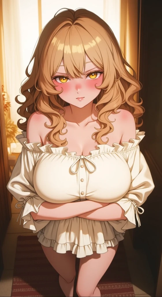 Masterpiece, very detailed, ultra detailed, one, (1 woman), she is in a snow and white detailed dress and in an elegant position, super mature, tall, milf style, mature mother, super long hair, bright golden hair, super golden hair and sloppy bangs, yellow demonic horns, beautiful, charming, bright blood-red reptile eyes, reptile eyes, super red eyes, bright eyes, elegant, big breasts (huge, torn), innocent smile, charming, bright background, cute environment, against the background of lightning and thunderstorms.