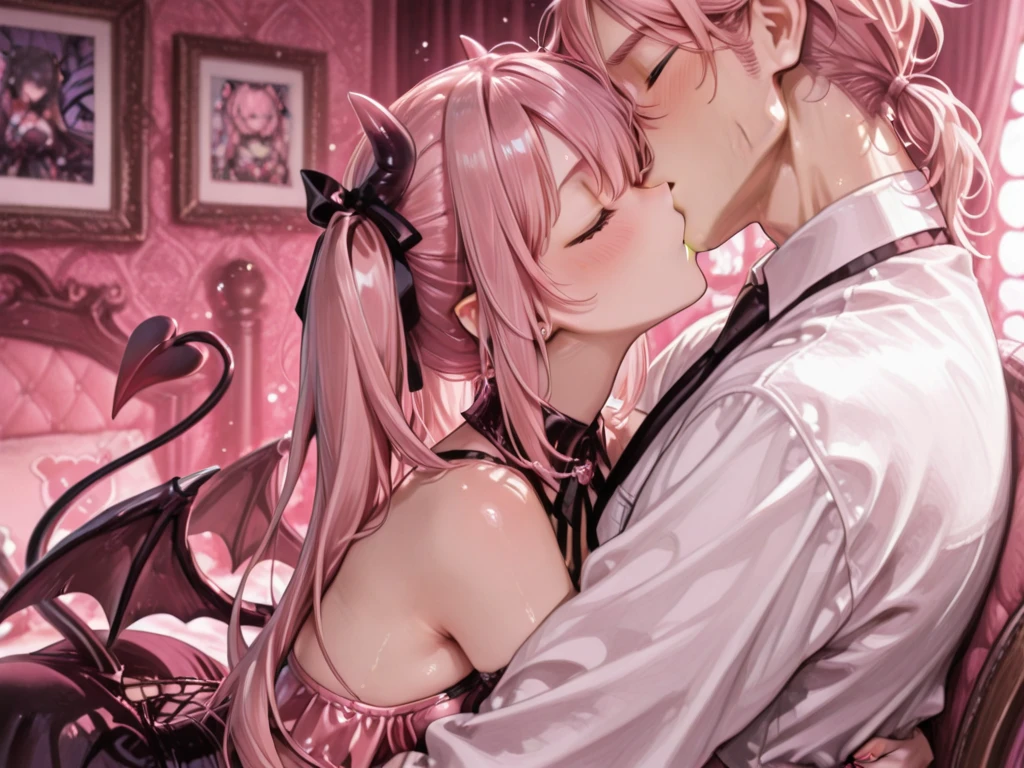 masterpiece, best quality, super detailed, illustration, beautiful detailed eyes, close up, a girl and a boy on the sofa, girl pink hair white skirt, boy black hair and black suit clothes pants, girl and boy hugging each other on the sofa and kissing hotly