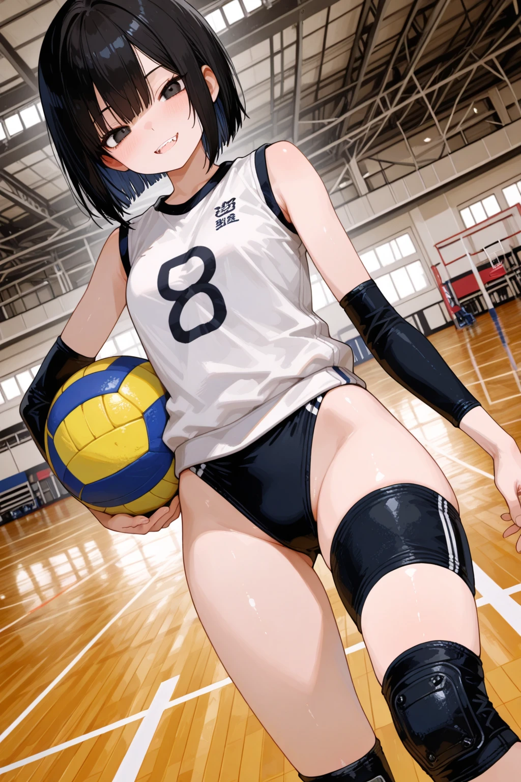 (One transcendent beautiful girl)、(((Volleyball Player))),ultra-detailed、(8K, RAW photo, best quality, masterpiece:1.2), (extremely detailed 8K wallpaper),professional lighting,sharp focus, depth of field、(((Detailed and accurate face))),((full body)),((Highest quality)), ((masterpiece)), (((Volleyball Uniforms、Beautiful feet))),((Perfect Face、Beautiful Eyes)),(((Black short bob)))、(((Blushing))),(((Embarrassing、smile、Ecstar face)))、((gym))