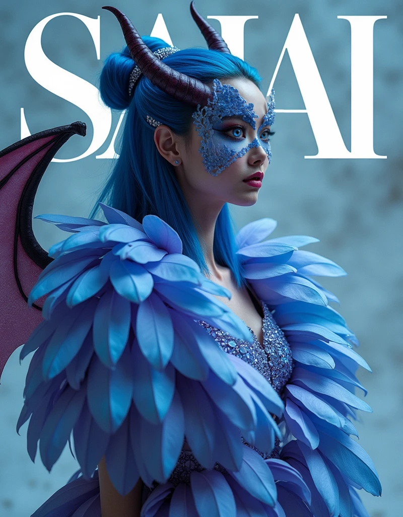  beautiful with blue eyes, long straight blue hair, blue crown on head, with blue butterfly wings, blue dress, skin fair, blue boot.