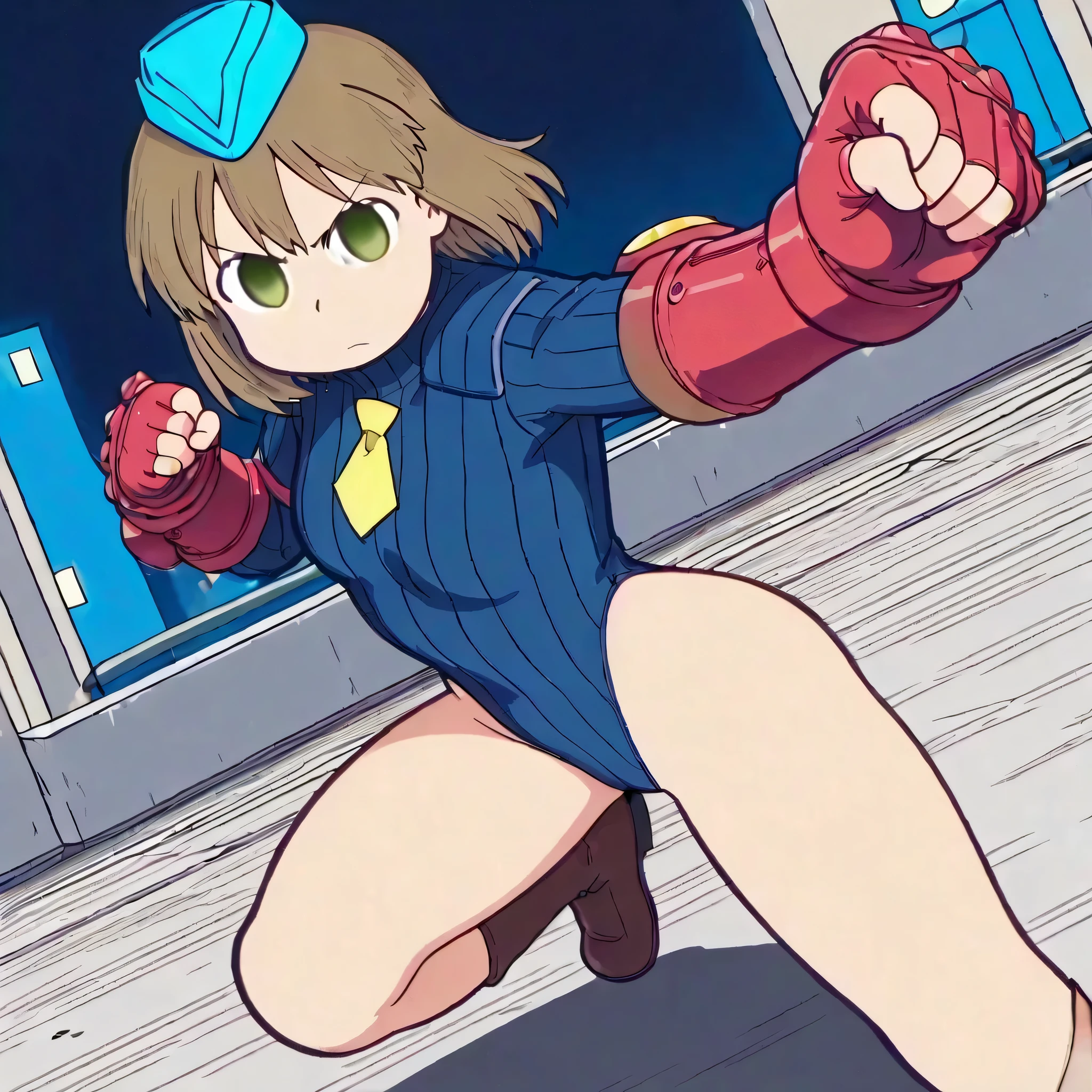 ultra-detailed, Explicit, Beautiful body, Beautiful Nose, Beautiful character design, perfect eyes, perfect face, ultra highres, 4K, beautiful legs, perfect legs, Nice hands, Perfect hand, Masterpiece, Best Quality, Highly detailed, illustration, absurdres, perfect anatomy, street fighter, doll suit, shadaloo doll, dollsuit, expressionless, blank eyes, looking at viewer, red gloves, emotionless, black latex, corruption, mind control, female combatant, full body, hypnotized, unhappy trance, full body suit, ribbed bodysuit, both arms at side, obey, perfect female body, extremely glossy latex, hypnosis, hypnoLora, empty eyes, Blank eyes, Mind control device, poses, submissive_pose, Slave, Dancing, dancing up at attention, hat, necktie, belt, latex, ribbed bodysuit, thighhighs, garter belt, Fighting Stance, extending the right arm from the shoulder into the air with a straightened hand, military, thigh boots, 1girl, hair ornaments, brown hair, medium hair, Brown eyes, low twintails (((pixel-perfect, detail-perfect))), solo, 1girl, Aijo Karen, Shōjo☆Kageki Revue Starlight, cape, holding, holding_sword, holding_weapon