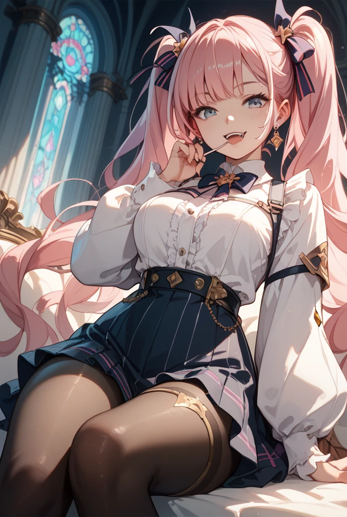 Official fine art,tmasterpiece,Sharp Focus,(Beautiful gorgeous lovely korean woman:1.3),(Beautiful lovely Korean:1.3),Korean beauty,Delicate Beautiful Hair and Eyes and Face,realisticlying,ultra - detailed,a beauty girl,Glowing White Particles,(side lights:1.2),slender,Cute big breasts and big buttocks,Toothy laughter,((Laugh and open your eyes)),scenecy,Long straight hair, sexy facial expression, Dynamic Hair, Long straight hair, Delicate platinum-pink hair, glow blue eyes, (Blue pleated shirt+white skirt), long white socks, paleskin, hair adornments, Official fine art,tmasterpiece,Sharp Focus,(best qualtiy, 8K, tmasterpiece:1.3,Delicate Beautiful Hair and Eyes and Face,realisticlying,ultra - detailed,a beauty girl, Focus:1.2, The best figure to sit on the bed:1.4,White shirt,a black pleated skirt,Raise your legs high,White knee-length socks,legs are open,Foot height,Realistic details,black colored hair,female high-school student,Lori huge breasts cleavage,Lower body visible