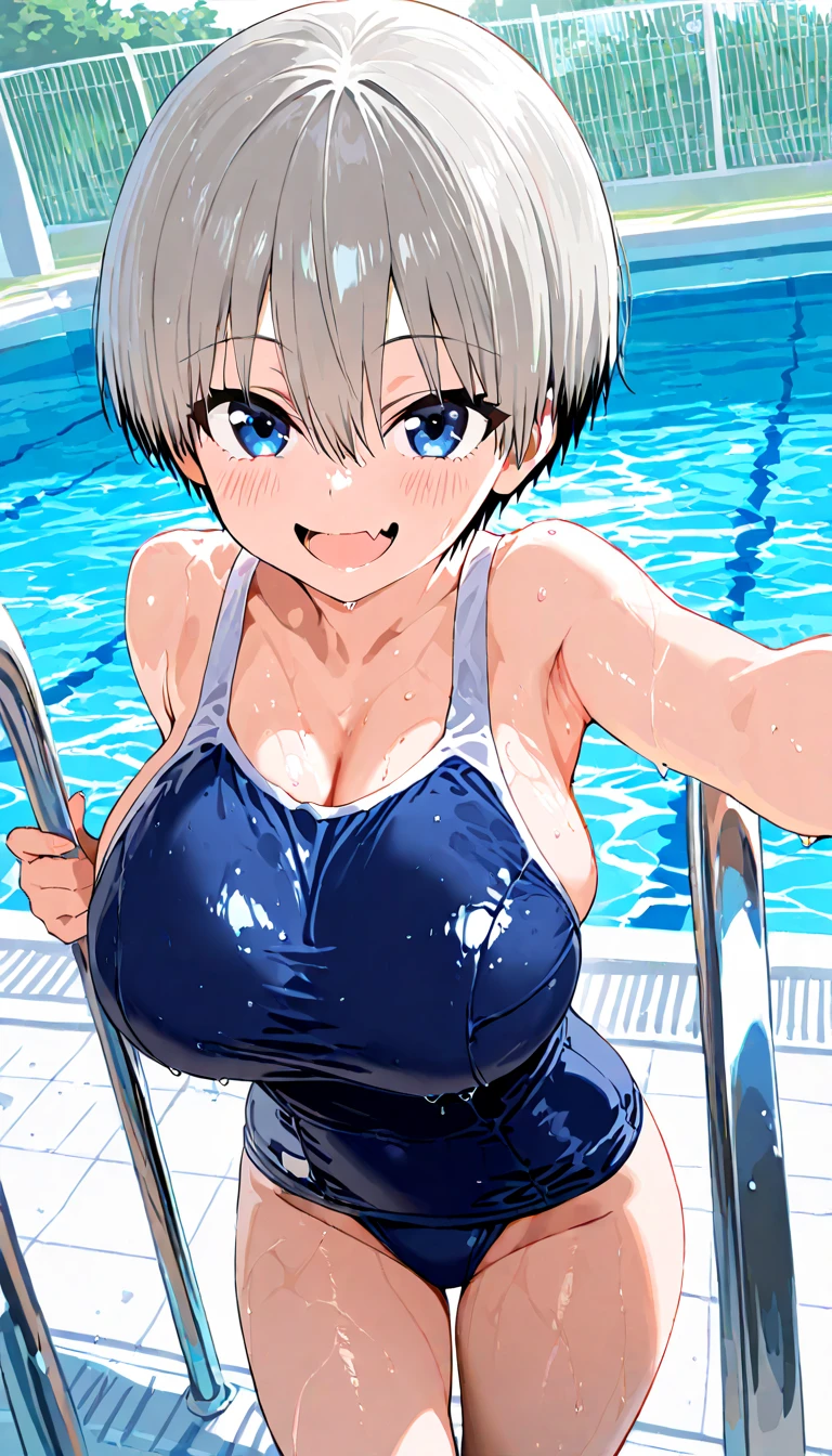 masterpiece, best quality, ultra-detailed, Potrait of beautiful , (chubby) (muscular), (plump), (sexly), (cleavage), ((tomboy)), (アニメ), (Breasts), (Plump), ((very short hair)), ((Uzaki Hana)), (overweight), (Gray Hair), ((Saggy breasts)), (blue eyes), (Short Hair), (blue eyes), ((thick)), (Smelly body), (Sweaty body), (arms up), (side), (Poolside), (両方のsideが見える), ((恥ずかしくてLook Away)), (school swimsuits), (School Swimsuit), (Look Away), (cleavage)