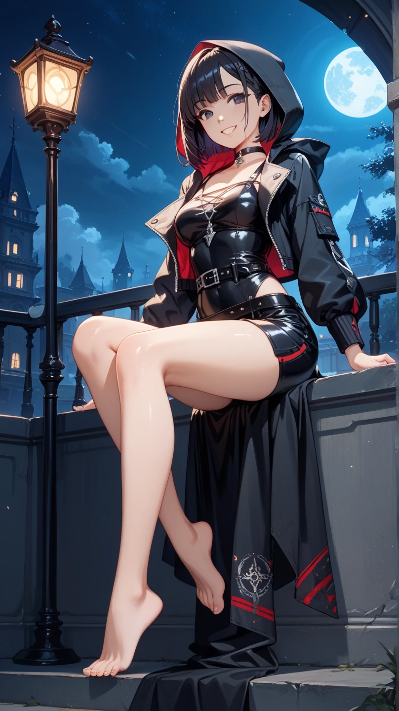 A  with long red hair wearing a red hooded cloak, sitting with her legs spread, wearing black thigh-high socks and striped white and teal panties, highly detailed, intricate, photorealistic, dramatic lighting, cinematic composition, 8k, masterpiece, (best quality,4k,8k,highres,masterpiece:1.2),ultra-detailed,(realistic,photorealistic,photo-realistic:1.37),HDR,UHD,studio lighting,ultra-fine painting,sharp focus,physically-based rendering,extreme detail description,professional,vivid colors,bokeh,fantasy,dark fairytale