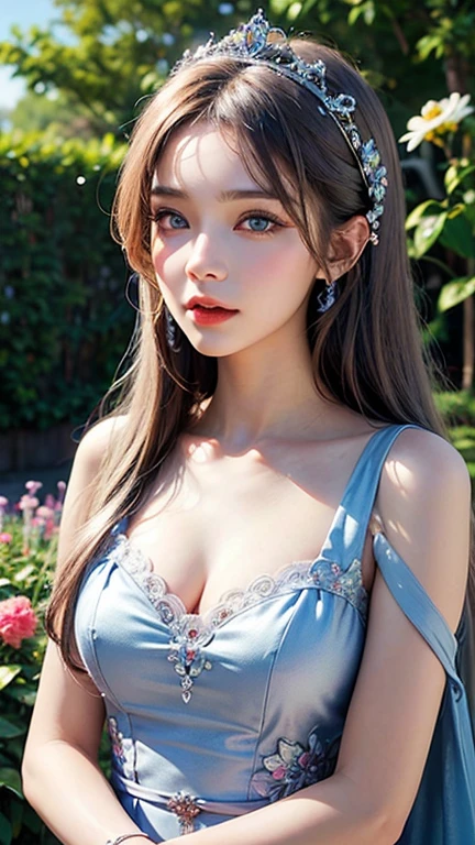 royal garden, (photorealistic:1.4), (masterpiece, front lighting, finely detailed beautiful eyes: 1.2), masterpiece*portrait, realistic, 3d face, glowing eyes, shiny hair, lustrous skin, solo, embarrassed, (midriff), absolute_cleavage, necklace, sapphire_earrings, small breast,