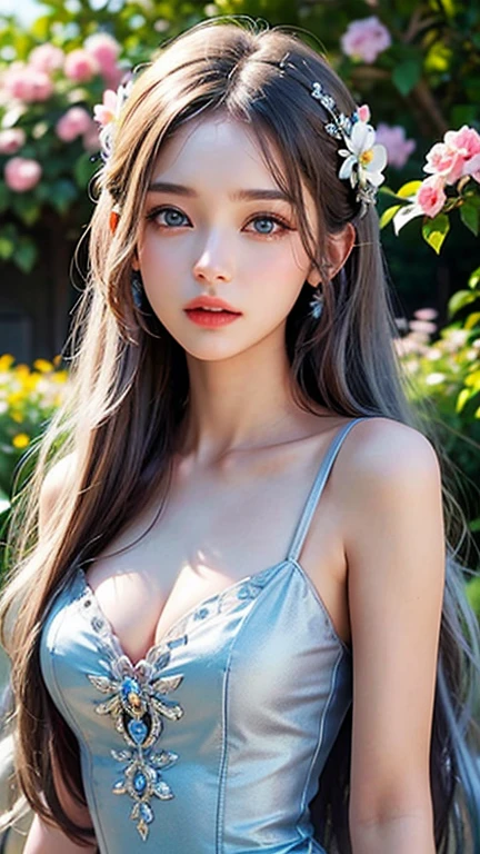 1 girl, long hair, flower, Lisianthus, in the style of Silver and light azure, dreamy romantic work, Silver, Fantastic leaves, playful arrangement, fantasy, high contrast, ink stroke, explosion, exposed, Silver and pink tone impression, abstract, attractive pose,