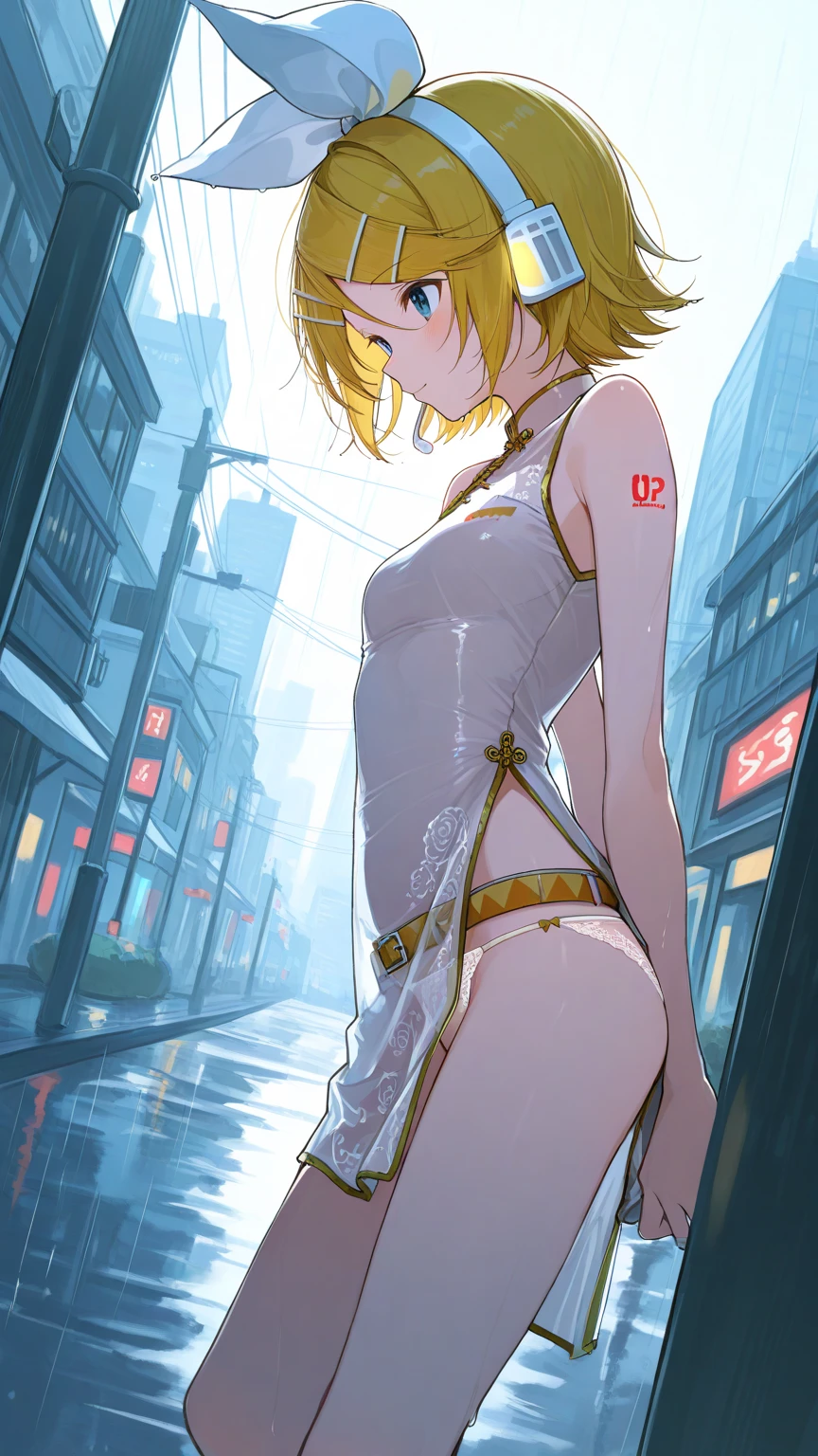 best quality, (masterpiece:1.2), highly detailed, day, (standing in the middle of a crowded street), (surrounded by crowd), 1girl, solo, cha hae-in, closed mouth, from front, looking at viewer, blonde hair, short hair, brown eyes, (breast curtains:1.2), (see-through:1.4), loincloth, harem outfit, (embarrassed:1.4), view from below, (horny:1.3), (ussy:1.1)