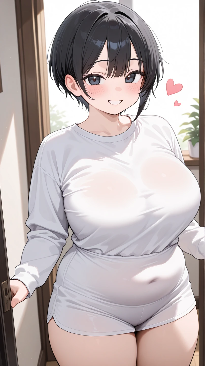 NTR Man, masterpiece, Highest quality,(１girl、alone） , Mature Woman, (Huge breasts、light body),  (Hold the bra with both hands、T-Shirts、Long skirt), Brown Hair, short hair, black eye , anger, ((close,)) ,, Angry expression, ((Blushed)),Embarrassing、Sweat、vapor、Bedroom