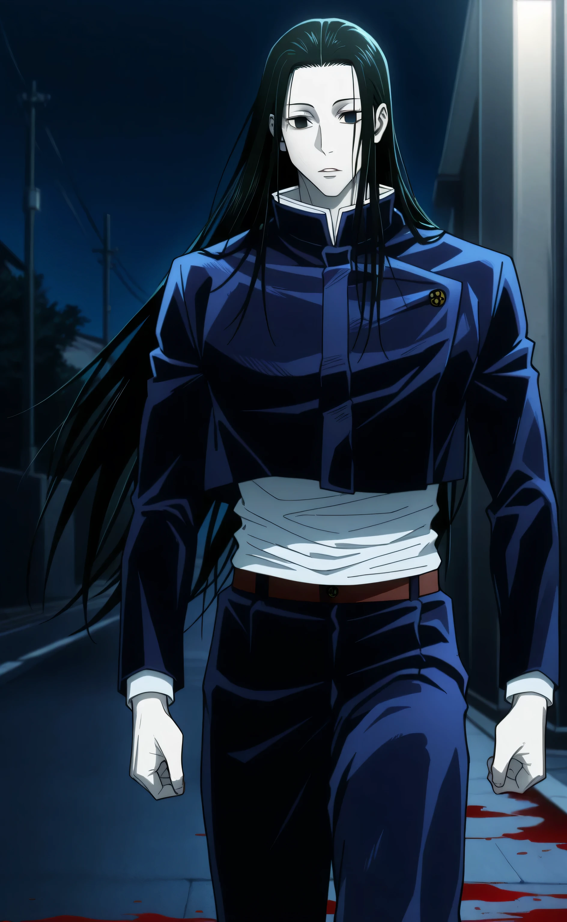 1male,solo,Illumi Zoldyck,black hair,long hair,black eyes,empty eyes,pale skin,jujutsu high school uniform,muscle,street,japanese,night,blood-soaked,Jujutsu Kaisen Style