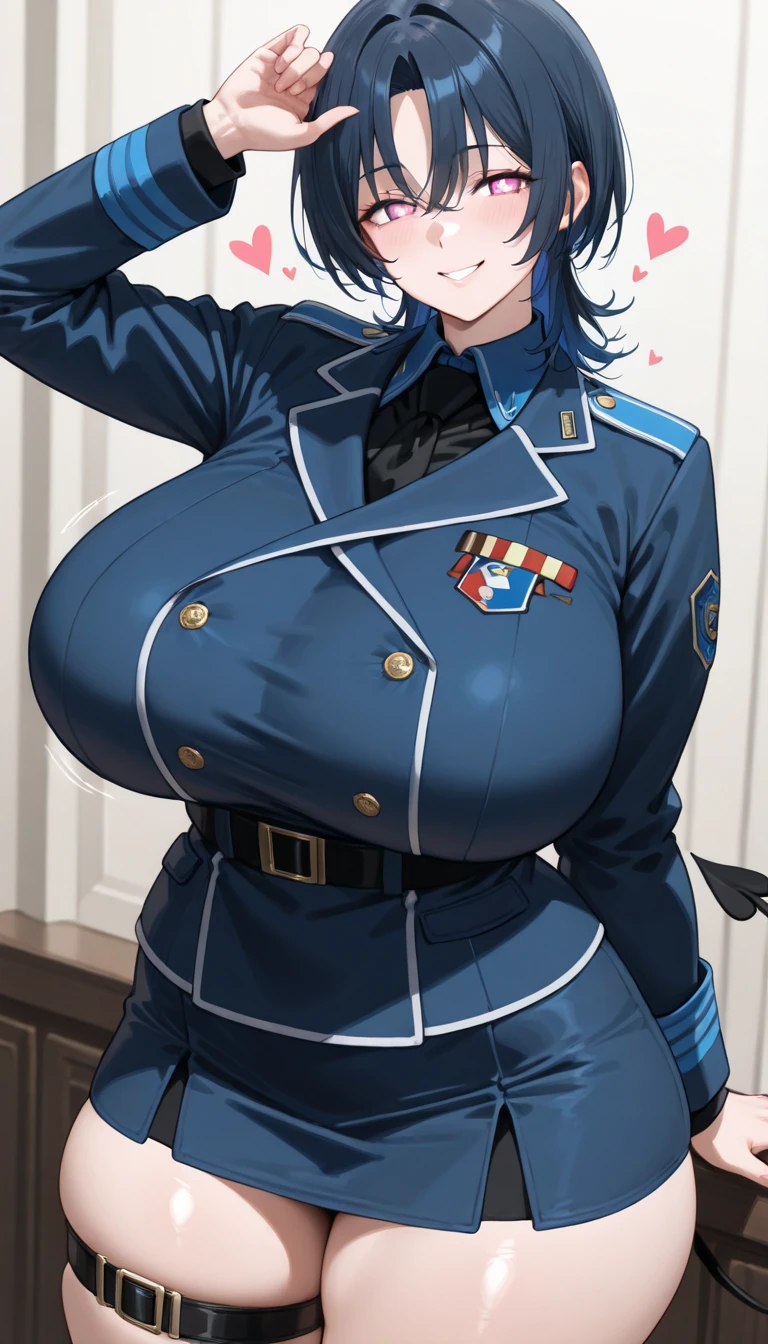 1girl, very short hair, purple hair, pixie cut, one eye covered, hair over one eye, jacket, blue eyes, beret, smile, skirt, large breasts, thick thighs, pantyhose, black pantyhose, mature female, milf, epaulettes
