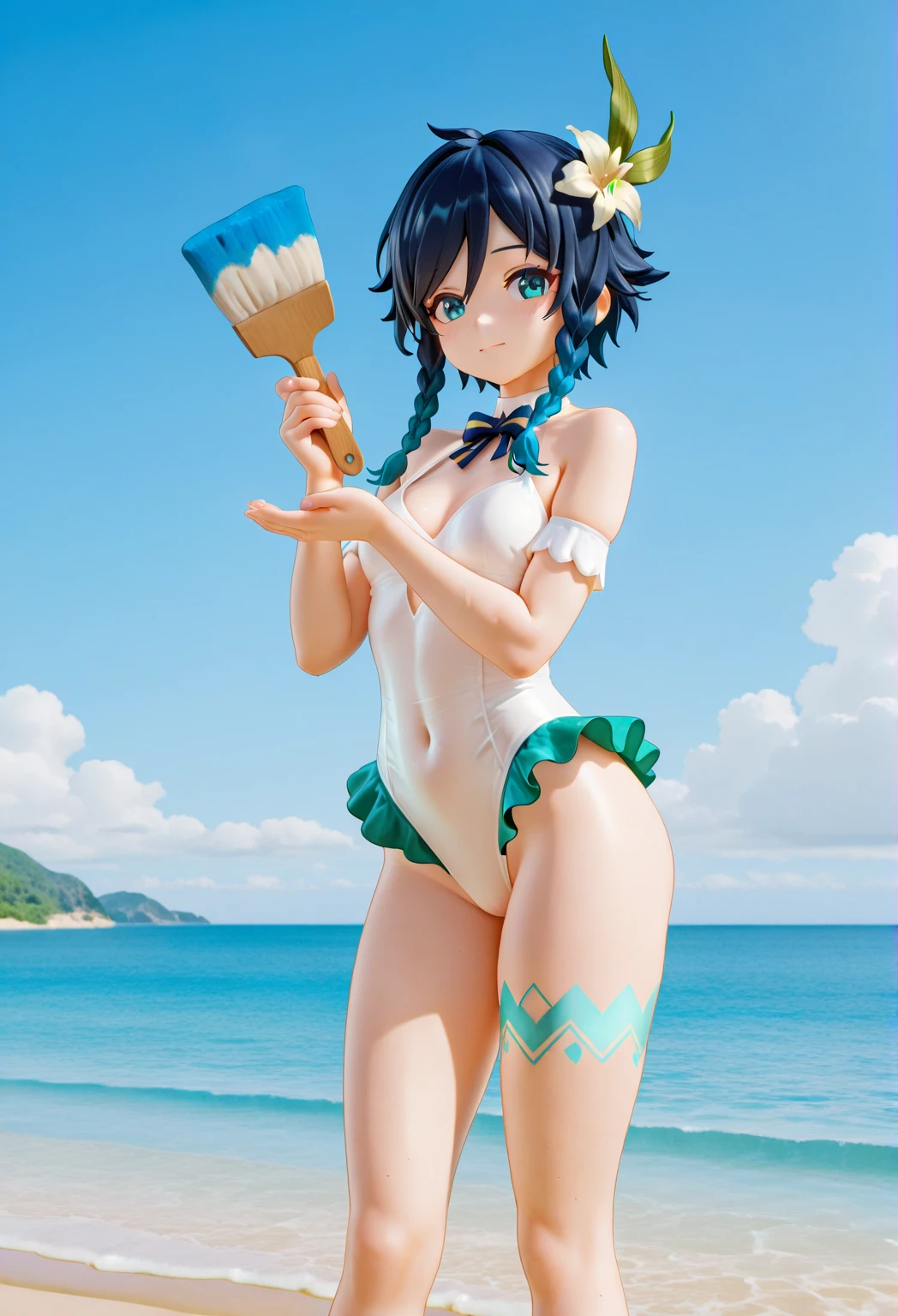 Highest quality、masterpiece、beautiful、detailed、Year: 12、Black hair twin-tailed female elementary school student、Height: 140cm、beach、Pouring sunlight、Dynamic pose、Spraying water with a water gun、Angle from below、smile、Slim figure、Soaking wet、erectile nipples、open vagina、pussy、photoRealistic、Nendoroid