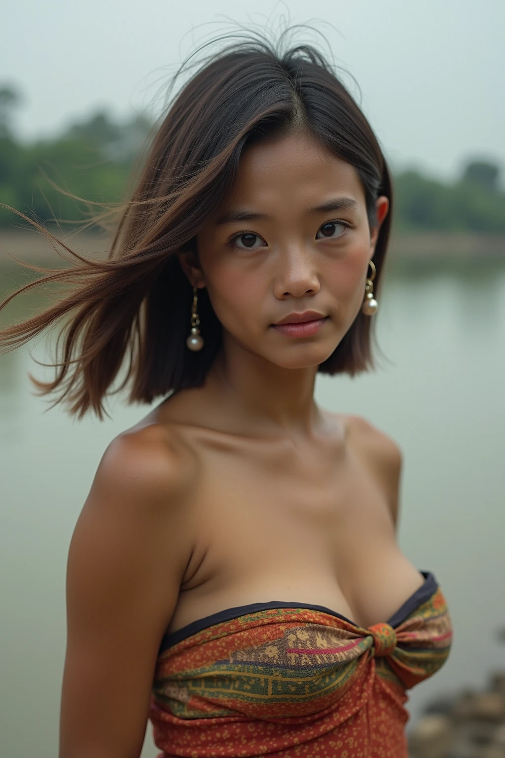 A young Thai woman with fair skin, short hair, naked, sitting by the Mekong River, smiling showing her teeth.