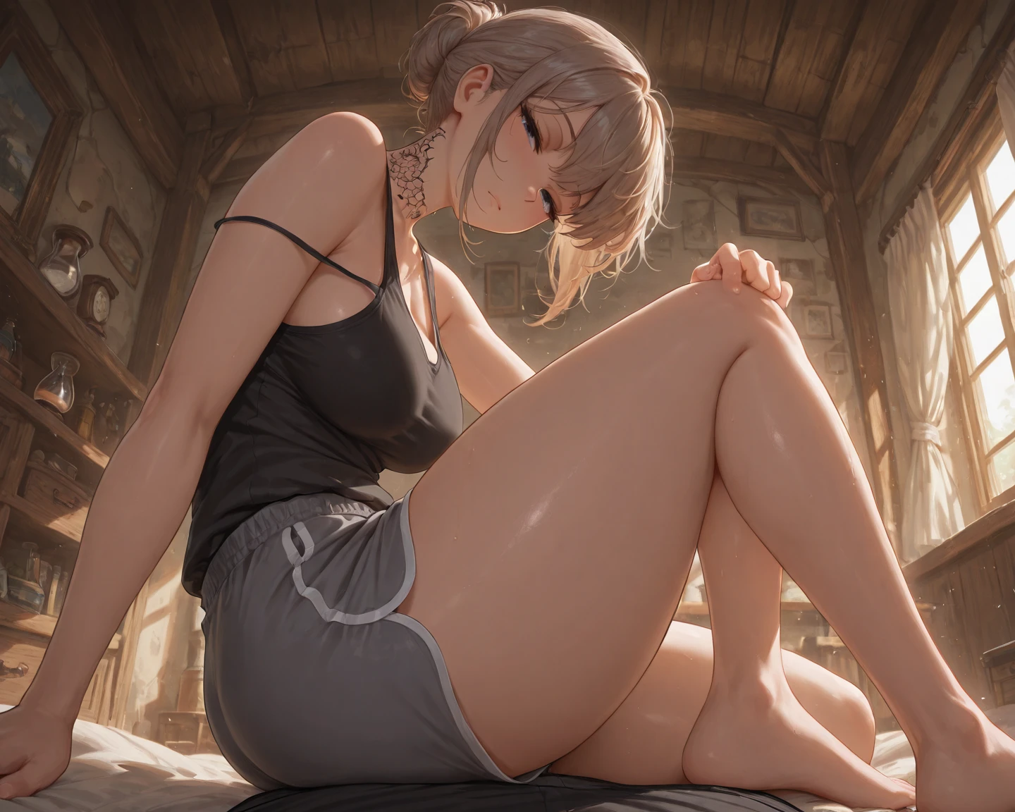 1 girl ((long shot)), ((A very cute girl sitting on floor, and wearing a white silk extreme micro string, a loincloth of white silk string, in a beautiful park)),(( spread her legs)), ((open legs)), (((wet panties))), ((smug look)), ((wearing a white silk plunging open shirt: 1.5)), (((Huge breasts :1.4, and droopy breasts:1.5))), 8k, RAW photo, ((full body shot)), (highly detailed skin:1.2), (exposed:1.5), (exposed breasts:1.5), (exposed back:1.5), (exposed shoulders:1.1), (exposed crotch:1.5), photography, masterpiece, best quality, dark grey background, (a beautiful caucasian girl with beautiful blue eyes, gorgeous light blonde hair, white skin, Huge soft breasts and beautiful abs, ((blonde pubic hair)),Ultra-detailed face, ((Detailed eyes)),