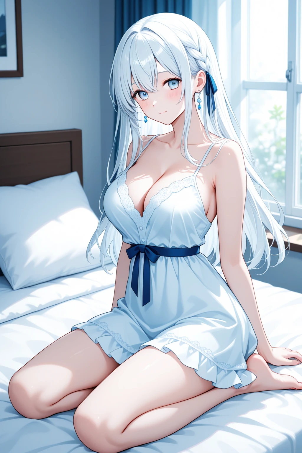 masterpiece, highest quality, High resolution，Anime Style、Silver Hair、Wolf ears and tail、long、Sit on the bed、Looks sleepy、Droopy eyes、Yawn、Open the front of your pajamas, which have a very deep neckline