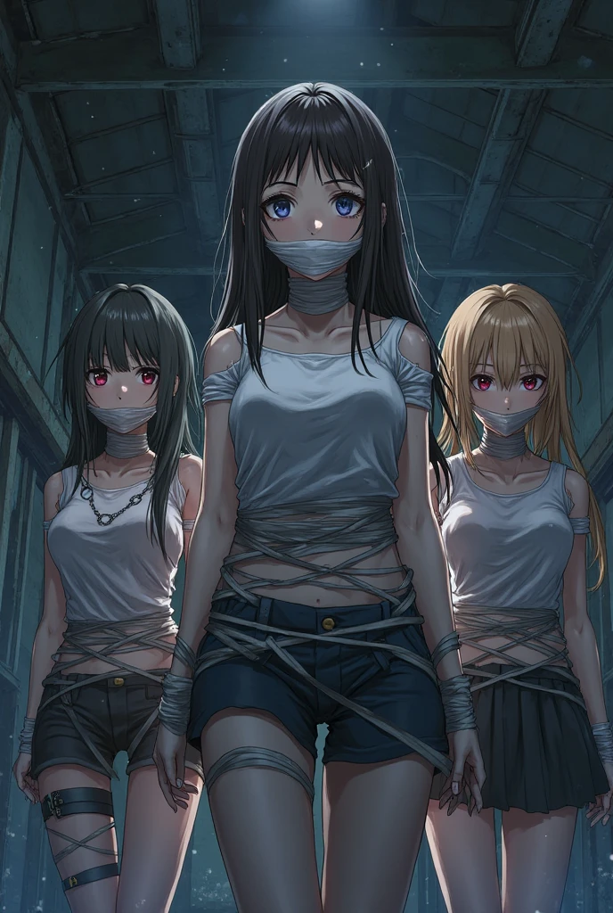 satoko houjou, rika furude, Higurashi (2girls:1.5), anime picture,best quality, ultra-detailed, high resolution, extremely detailed cg, unity 8k wallpaper, masterpiece, perfect body, anime picture, femsub, BDSM, (back to back:1.5), storeroom, dark room, back on back, arms behind own back, tied up wrist together behind own back, bound legs, (tied together:1.5), bound thighs, arms behind back, tears, sitting, gag, gagged, hands on back, Tape Gag, brown long hair, blonde long hair, light violet panty, black bra, pink panty, grey bra,
