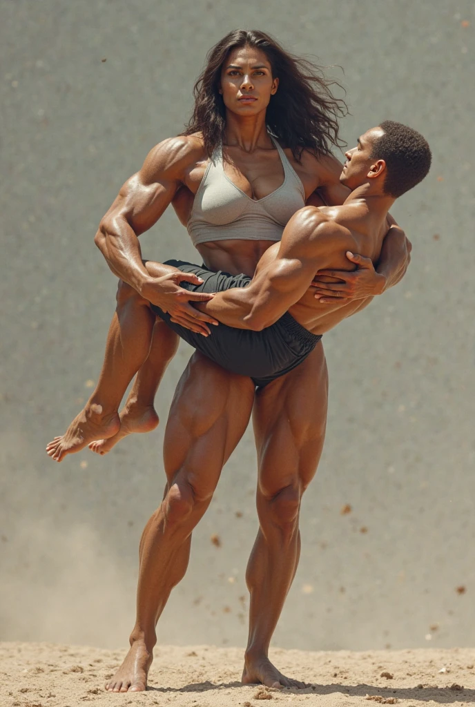 Beautiful and strong girl in lingerie lifting a large man high above her head with her strong arms. Photorealistic. Wide angle. Farm house in background.