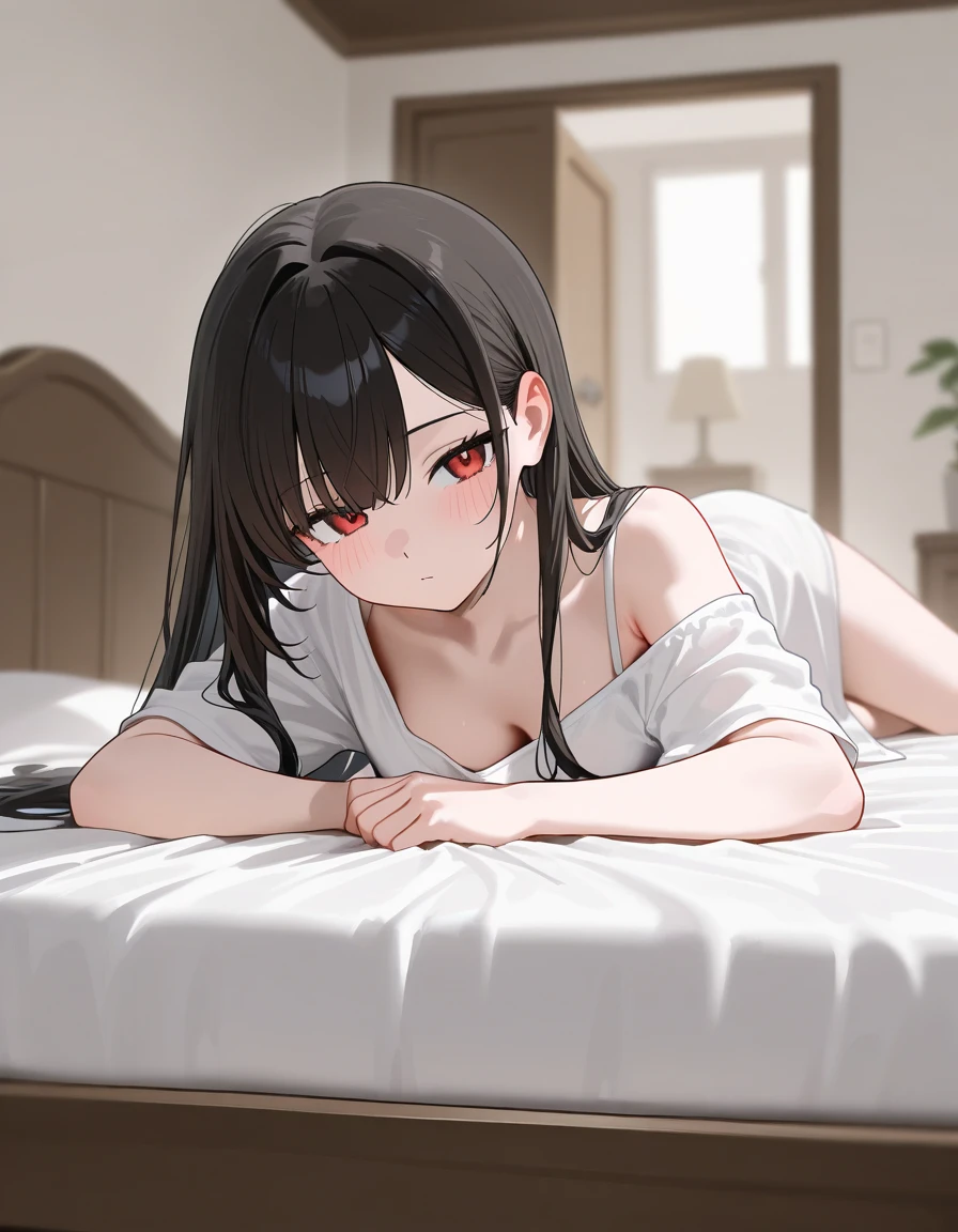 1girl, solo, black hair, bangs, hair between eyes, red eyes, perfecteyes, half-closed eyes, nervous, parted lips, high resolution, low ponytail, very long hair, black tank top, black arm warmers on both hands, military pants, kneepads, on back, from above, lying on bed, bed, bedroom, cinematic, <lora:naipony_v3:1>