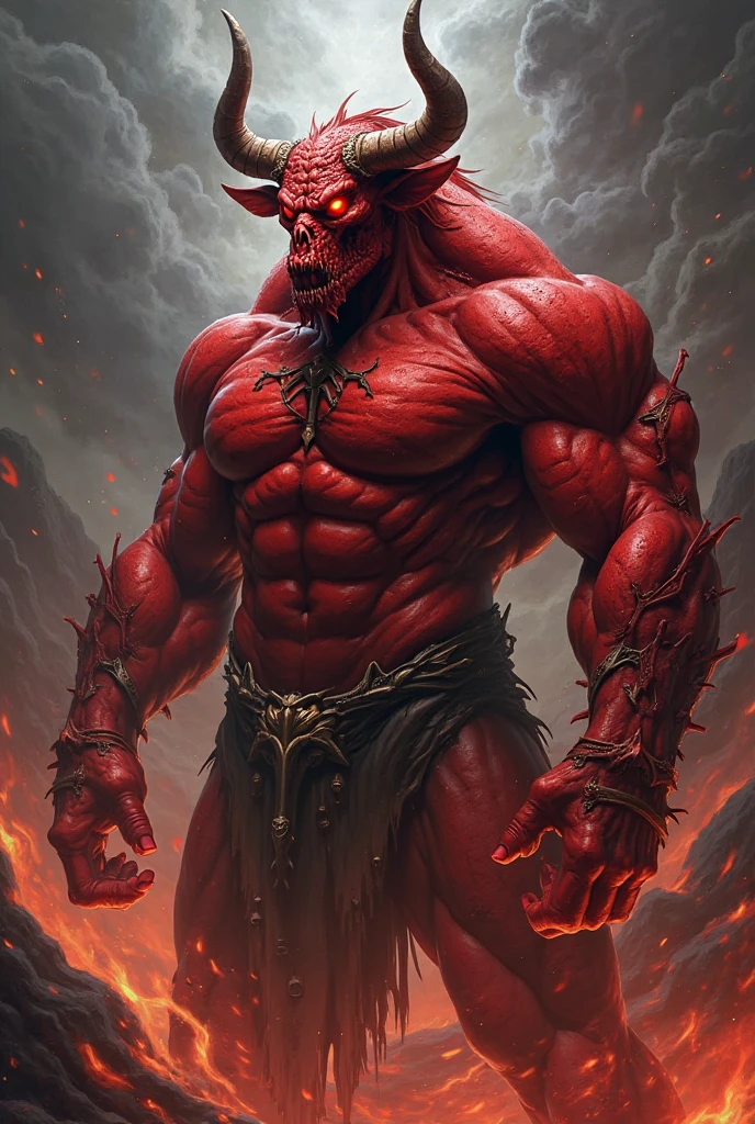 Lava Demon,Close-up of a demon creature with red flames on its body, Lava body,Broken lava body,muscled humanoid Balrog demon, Fire Devil like creature, fat satanic creature, Minotaur in Path of Exile, Fire Devil, Doomsday Demon, Demon Man, Balrog, demon, Fire Element, Man male demon,