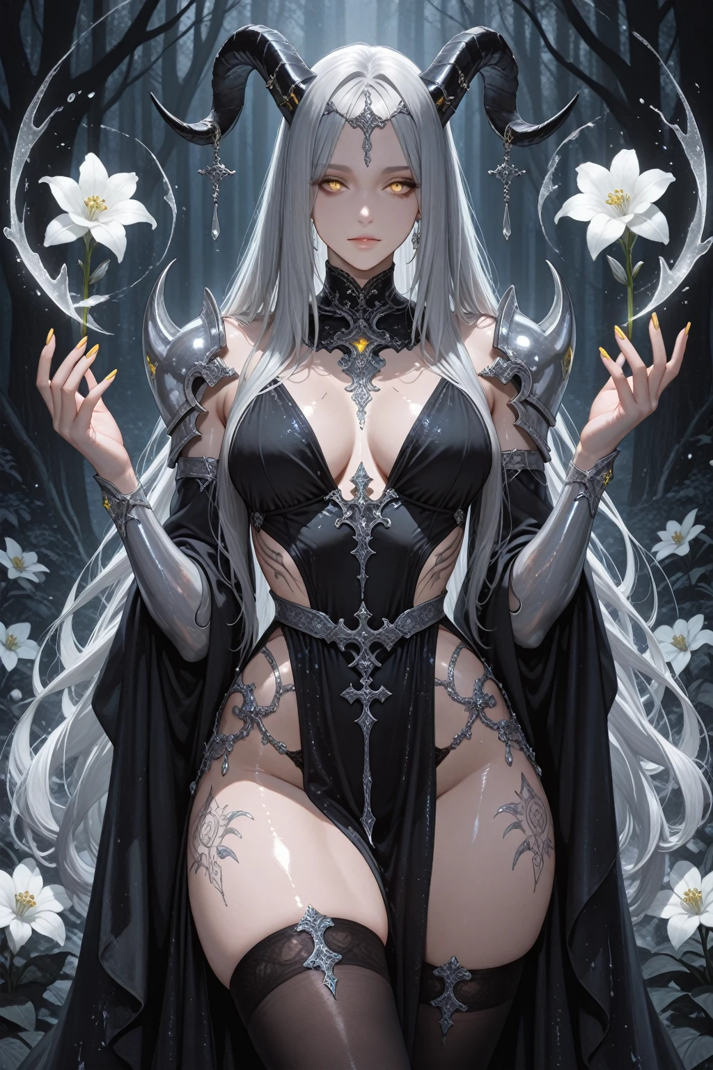 Realistic, (Masterpiece, Top Quality, Best Quality, Official Art, Beauty and Aesthetics: 1.2), Very Detailed, Fractal Art, Colorful, Most Detailed, Zentangle, (Abstract Background: 1.5) (3 girl3), God, long Blue Hair, (Glowing black Eyes), Pectals, Abs, thick thighs, big breasts, big booty, see thru dress , ((nsfw 1.4)) Mysterious, (Magic), Crystal,full body,detailed eyes, detailed hands, detailed eyes, elf woman, flowers