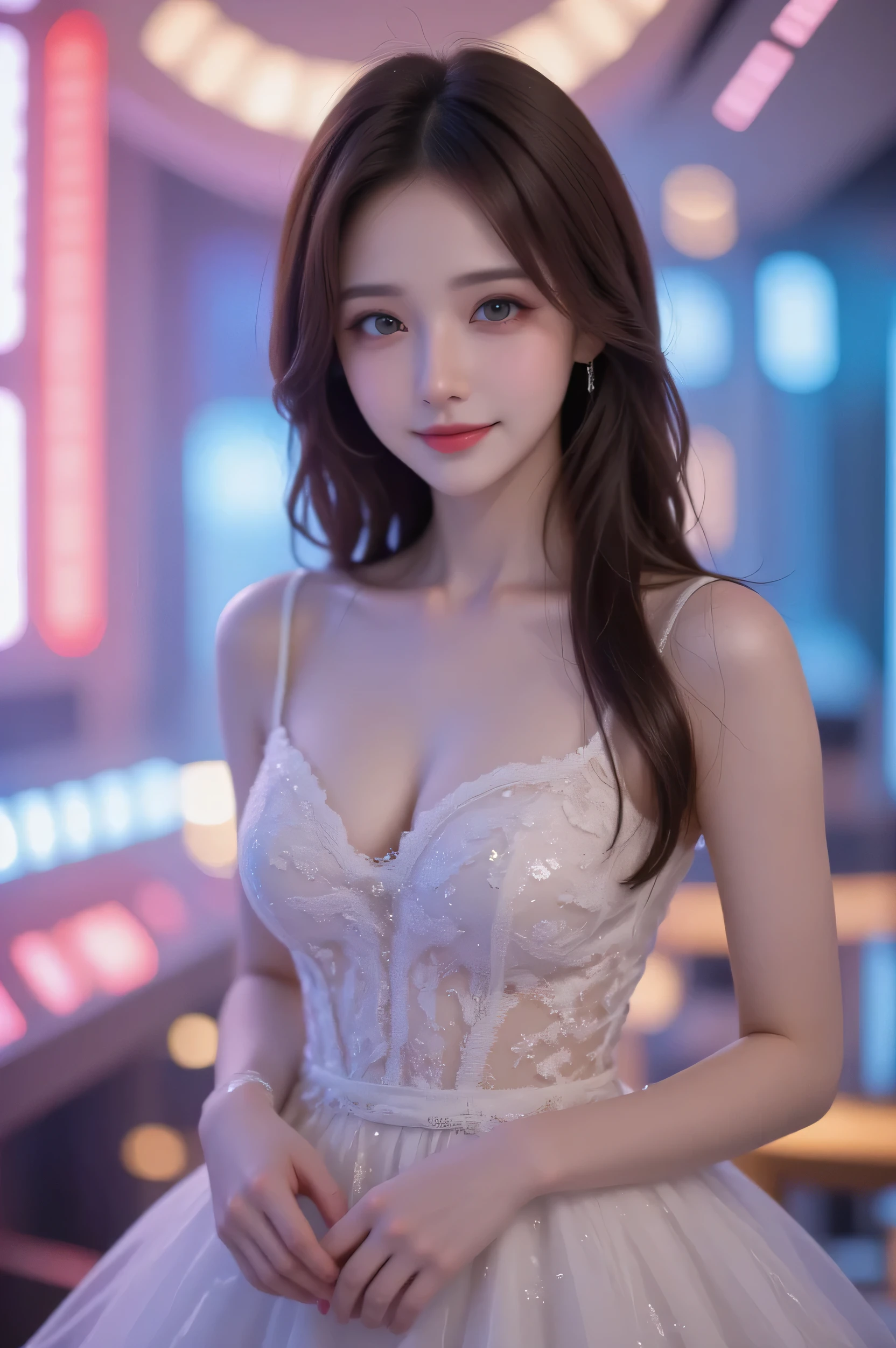 8k, Tabletop, RAW Photos, Highest quality, Realistic, 非常に詳細な CG Unity 8k 壁紙, Depth of written boundary, Cinematic Light, Lens flare, Ray Tracing, (Very beautiful face, Beautiful Lips, Beautiful Eyes), Exquisitely detailed face, ((Highly detailed skin)) One girl, In the Dark, Deep Shadow, pretty girl, Idol, 1 girl, (Very slim, lean and muscular body:1.3), ((Displaying the viewer)),(Big smile:1.3), (Pink Shirt), (No sleeve) , (Fashion Night, Dark Night, (Neon Signs), (Blurred Background), Fashion Street Night),(There is no one in the background:1.3), Beautiful earrings, Bangles, necklace, pantyhose, Clear Eyes, walk, (Pale skin), (Big eyes), Look forward, ((Full Body Shot)), ((Silk dress:1.3)),(Brown Hair),((tight lace up dress)), ((Lace dress)), (See through), (Displaying the viewer:1.3) Open chest, Very slim, Medium chest, ((Visit a theatre company)), Medium sized butt, 