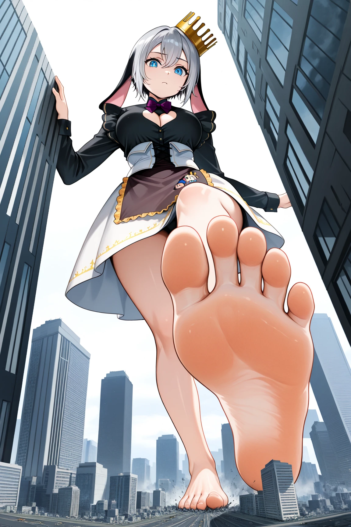 anime - style image of a woman with bunny ears and a bunny tail, highly detailed giantess shot, rendered in sfm, macro giantess, [ 4 k photorealism ]!!, [ 4 k photorealism ]!!!, anime highly detailed, blue painted toenails, pov furry art, detailed foot pov, high soles, high detail!!, detailed shot legs-up
