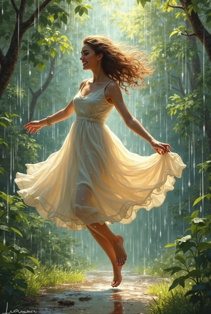 delicate, intricate leat veins
resembling delicate brushstrokes,
as tendrils of foliage swirl around
the figure, blurring the lines
between dancer and environment,
against a backdrop of gentle,
glistening raindrops