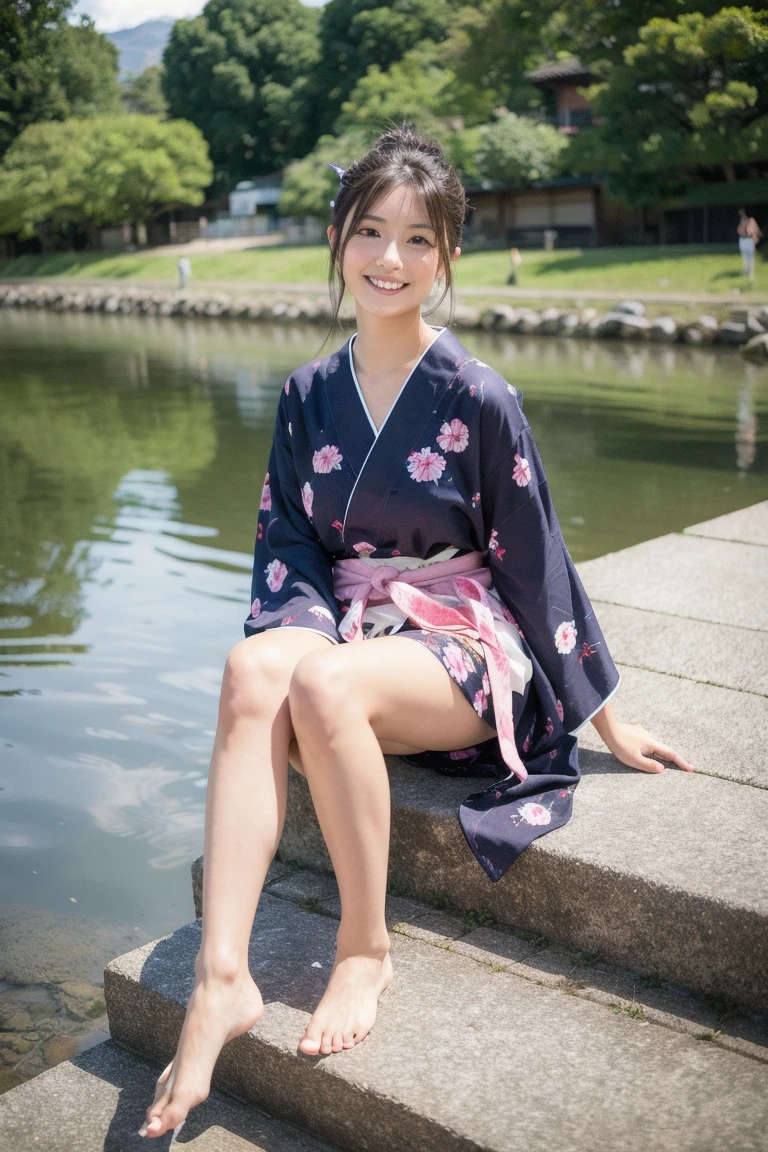 One person, High resolution, Shortcuts, Brown Hair, chest, smile, kimono,Sitting,Riverside
