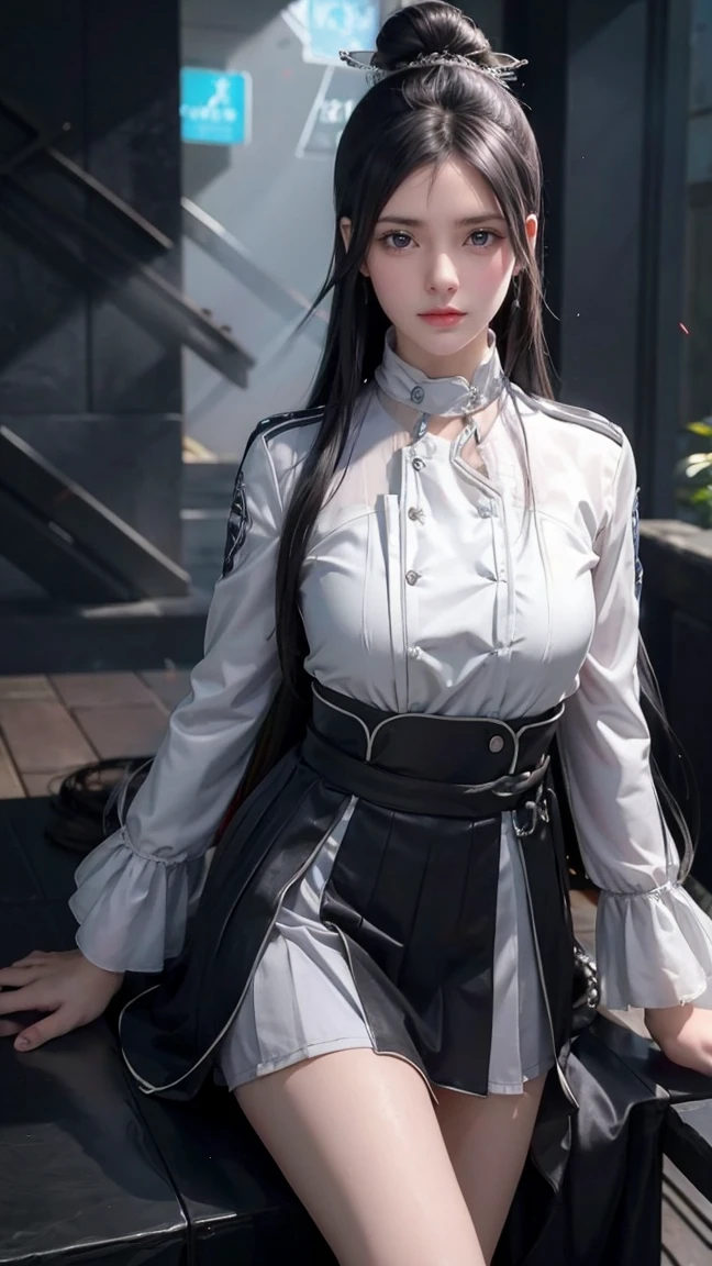 最high quality、Best image quality、masterpiece、With a girl((cute、20-year-old、Best Bust、Medium Bust、Bust 85,Beautiful Blue Eyes、Spread your chest wide,Long black hair、Slender、The best valley、、Blue Y-shirt、White short skirt,Show the whole body、Black perforated gloves)）high quality、Beautiful art、background((School、School zone、Strong winds)),Tabletop、Exquisite design、Visual Arts、Depth of written boundary、Best lighting、Highest detail、8ｋ